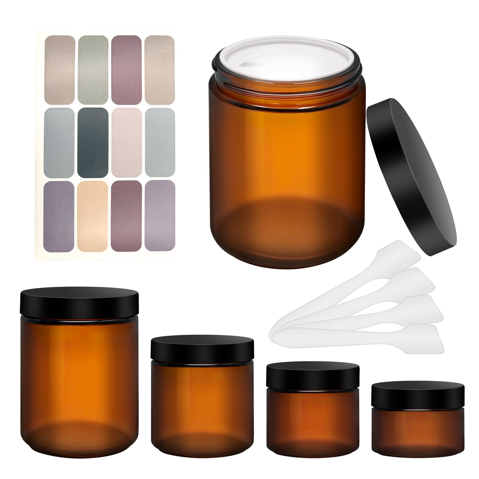Amber Glass Jar With Lids, 8Oz, 4Oz, 2Oz, And 1Oz Glass Jars, Cosmetic Glass Round Jars With Sticker And 4P Spatulas, Reusable T