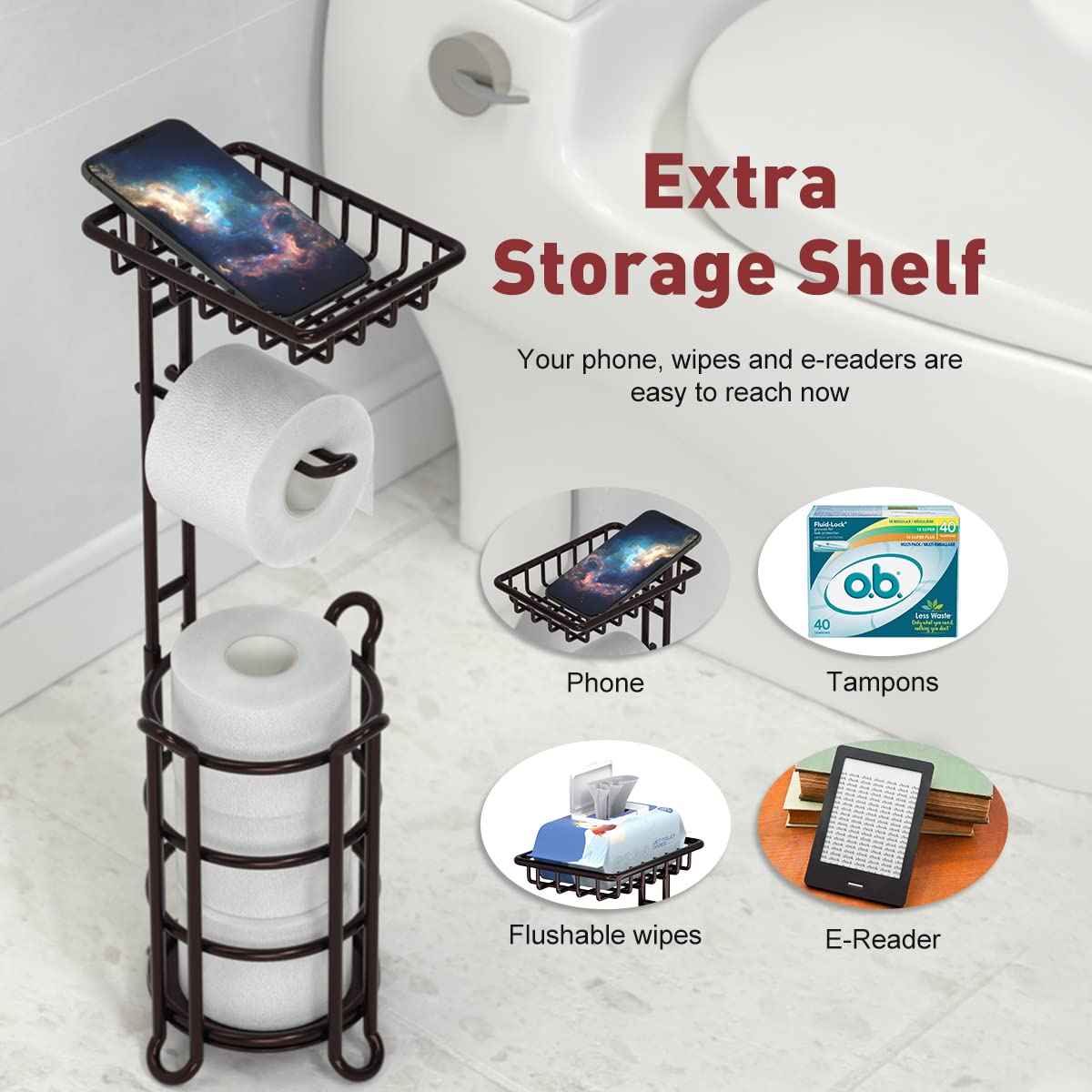 TreeLen Toilet Paper Holder Stand - Metal Mega Rolls Dispenser with Shelf - A-Bronze - Model TPH01