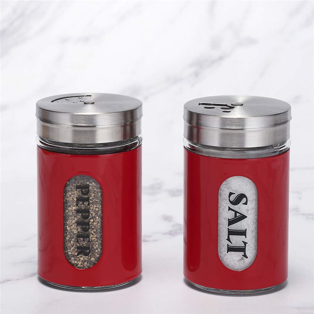 Salt And Pepper Shakers Stainless Steel And Glass Set With Adjustable Pour Holes (Red)