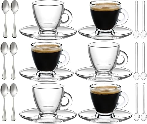 Espresso Cups  3.2 oz Small Demitasse Clear Glass Espresso Drinkware  Set Of Cups  Saucers and Stainless Steel mini Spoons + Free Glass Spoons (set of 6)