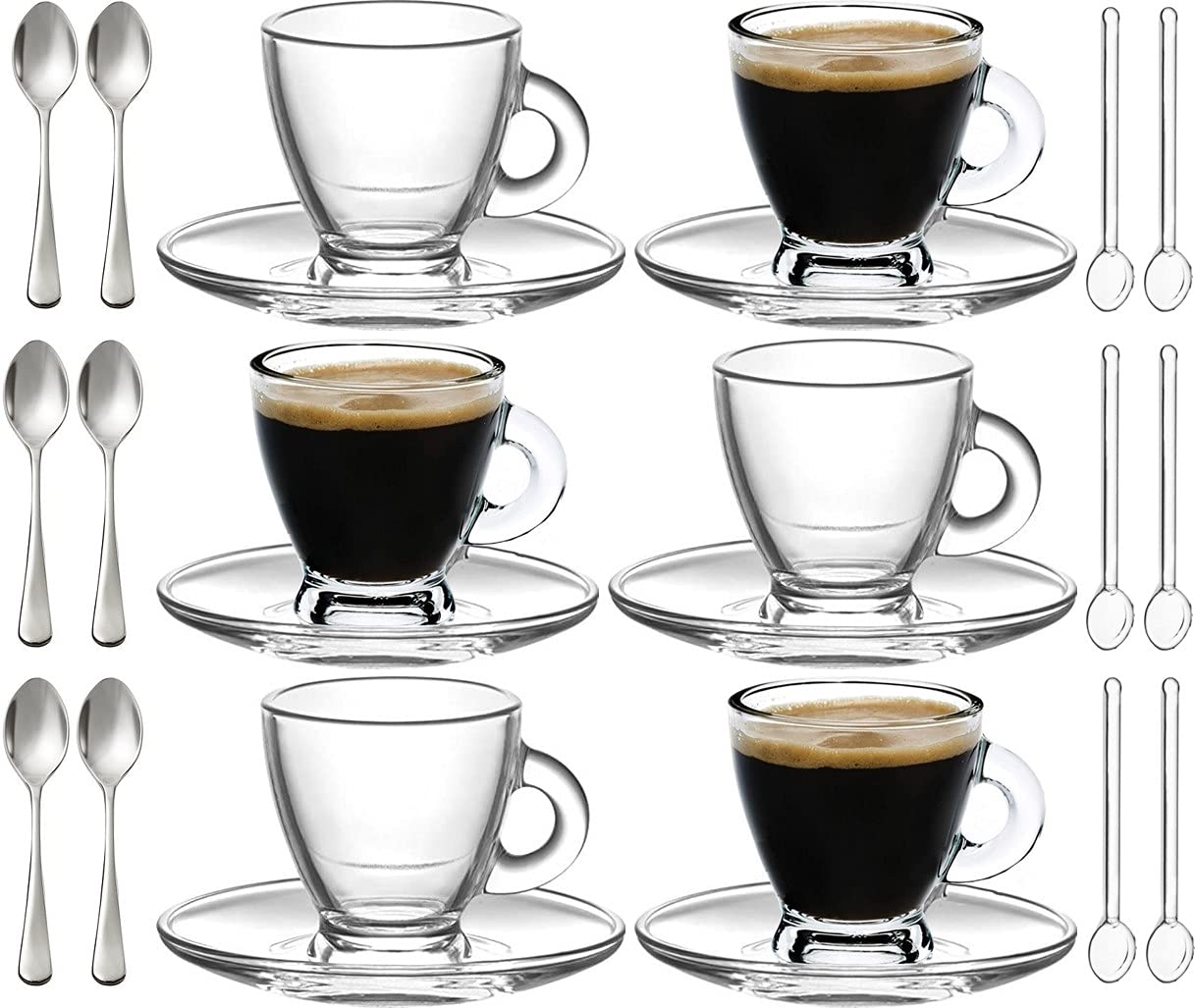 Espresso Cups, 3.2 Oz Small Demitasse Clear Glass Espresso Drinkware, Set Of Cups, Saucers And Stainless Steel Mini Spoons + Fre