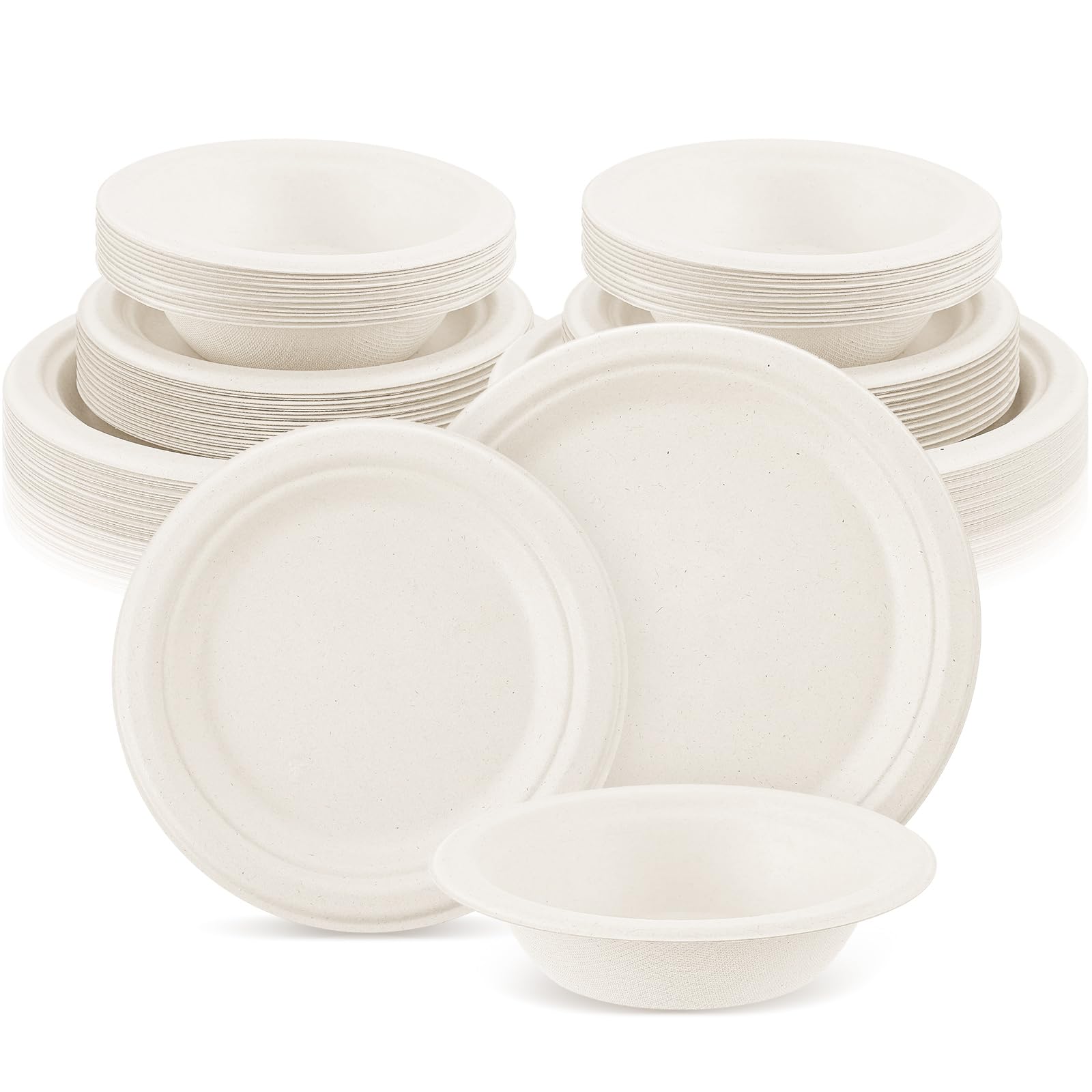 Havawish 75 Pcs White Compostable Paper Plates and Bowls Set 7 Inch 9 Inch Disposable Plate 12oz Biodegradable Bowls for Party D