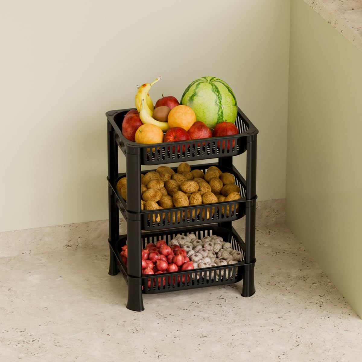 Morbrix Multipurpose Plastic Vegetable & Fruit Storage Rack For Kitchen | 3Tier Stackable Organizer Shelf Stand | SpaceSaving 