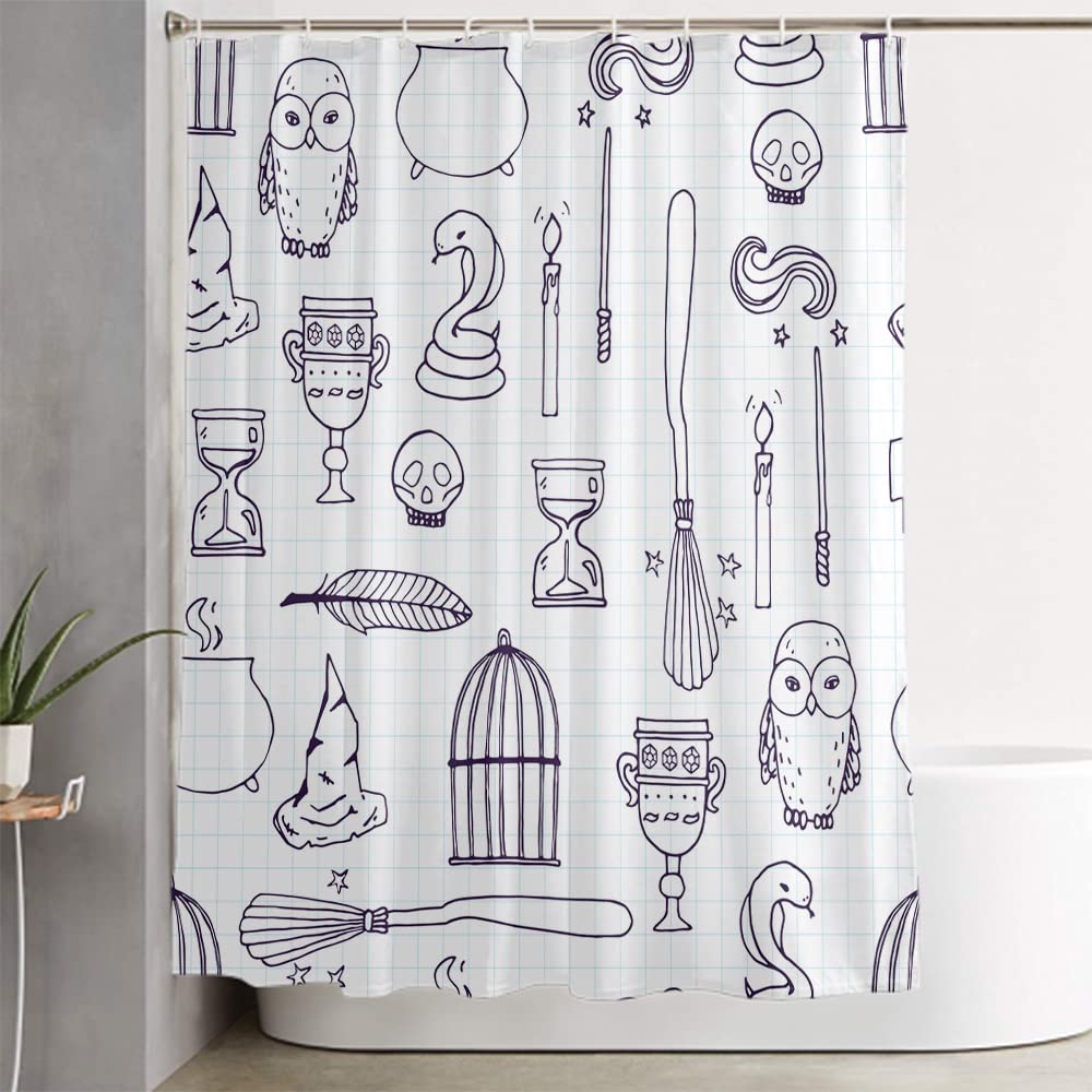 Lokmu 4 Pcs Shower Curtain Sets With Non-Slip Rugs, Toilet Lid Cover And Bath Mat,Witch Birdcage Magic Books Owl Wand Broom Wate