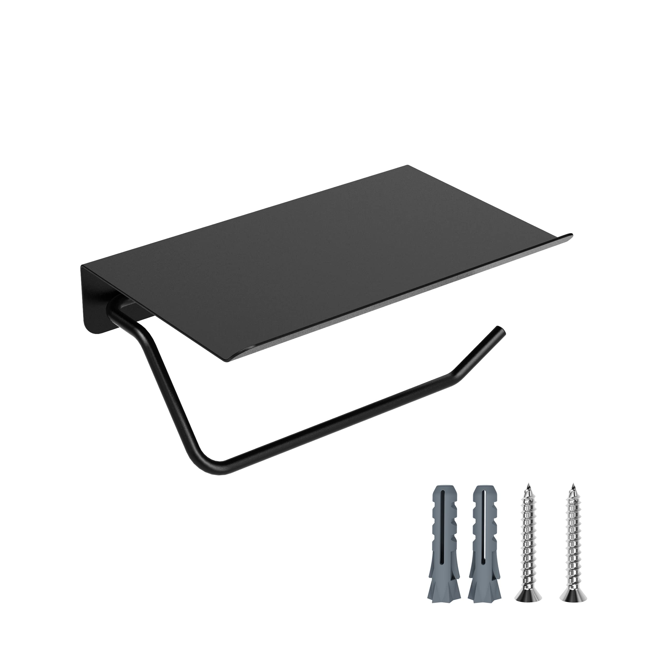 Toilet Paper Holder With Phone Shelf, Bathroom Accessories Tissue Roll Dispenser Storage Wall Mounted (Black)