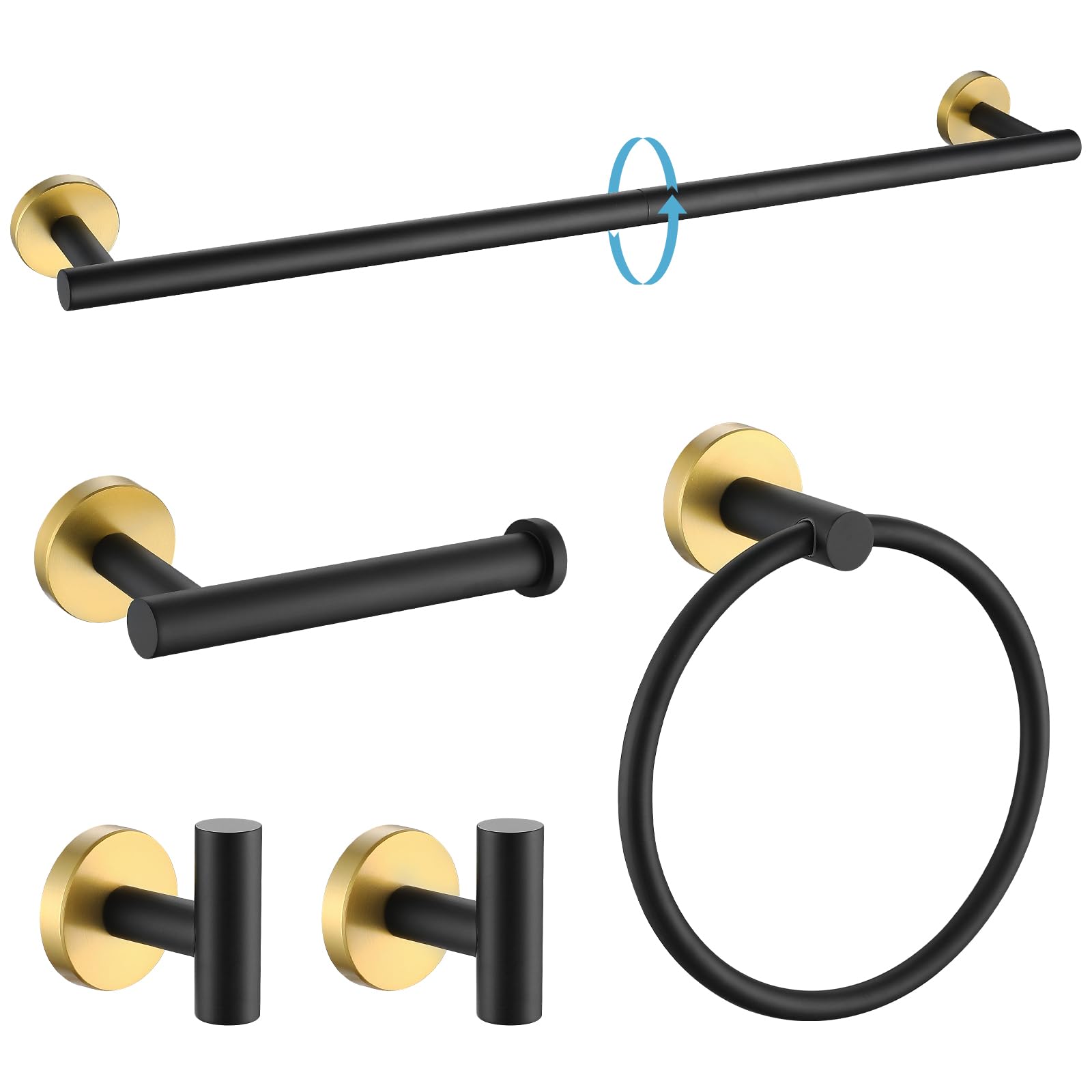 TURS Black and Gold Bathroom Hardware Set 5 Piece, SUS304 Stainless Steel Gold Black Towel Bar Set, 24 Inch Bathroom Accessories