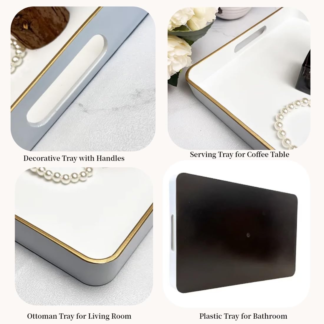 Uoekcs White Decorative Tray, Rectangular Serving Trays With Handles, Plastic Tray For Ottoman, Coffee Table Tray For Living Roo