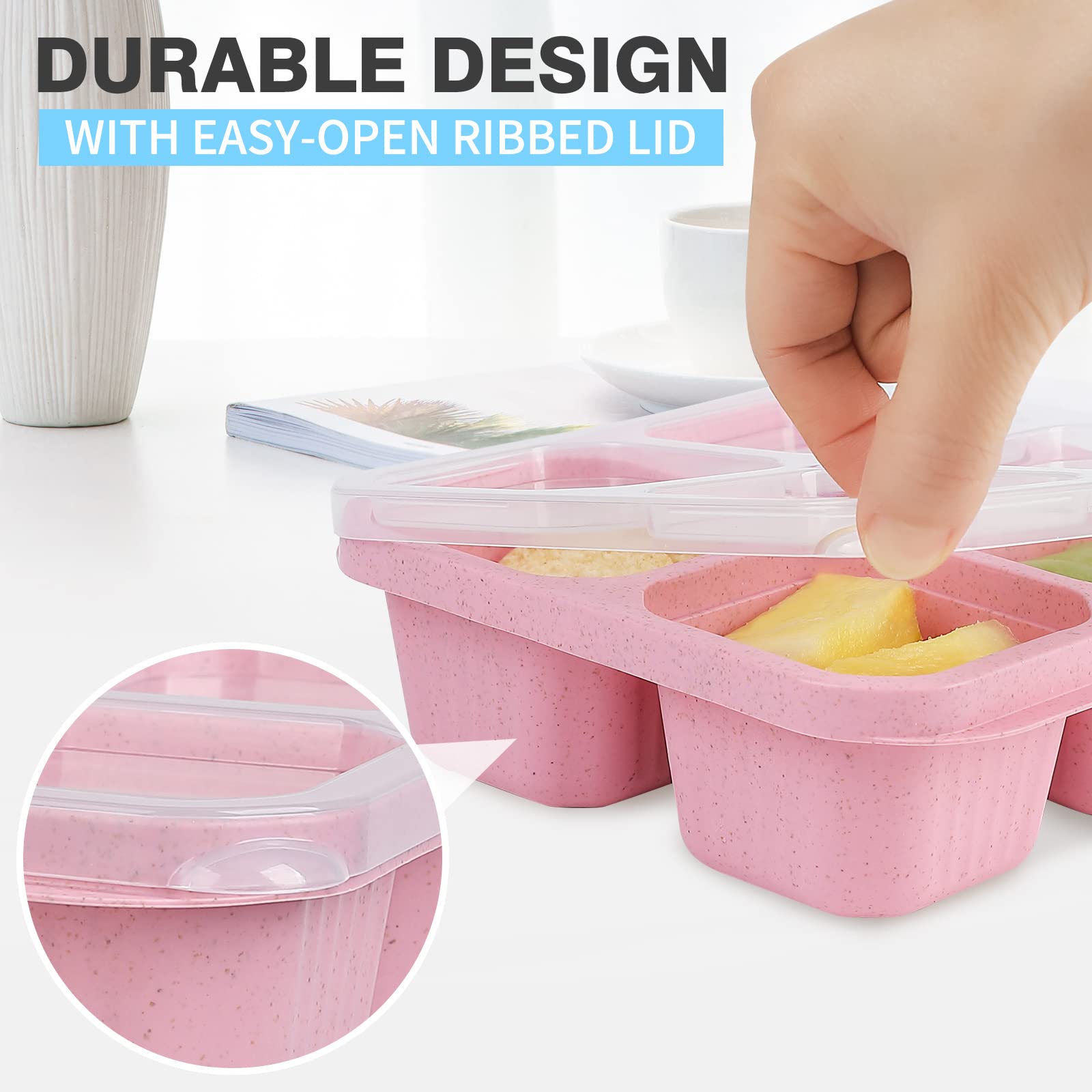 Buluker 4 Pack Bento Snack Containers Set, 4 Compartment Food Storage Containers Wheat Straw Meal Prep Lunch Box Plastic Food St