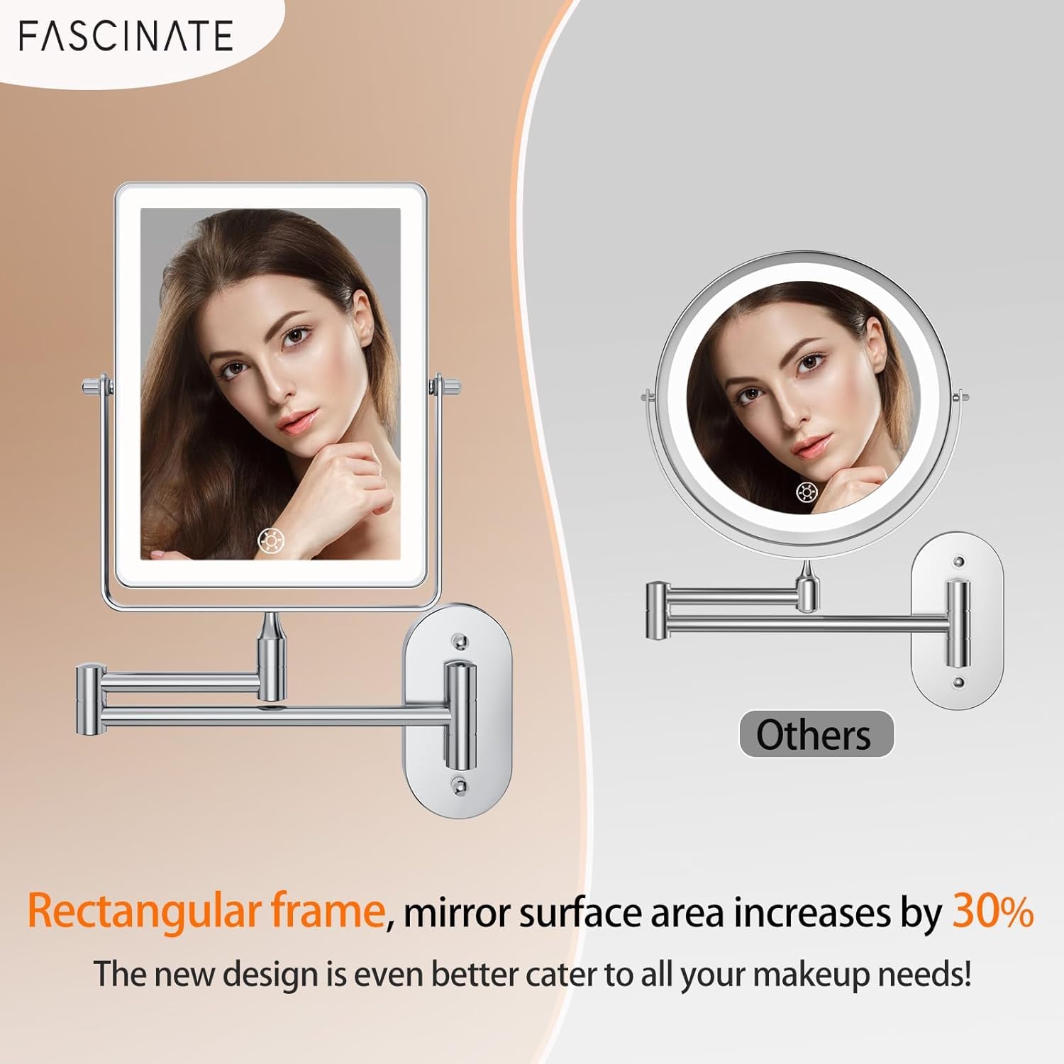 Fascinate Rechargeable Wall Mounted Makeup Mirror, 8.7 Double Sided Touch Switch 1X/30X Rectangle Wall Mounted Magnifying Mirror