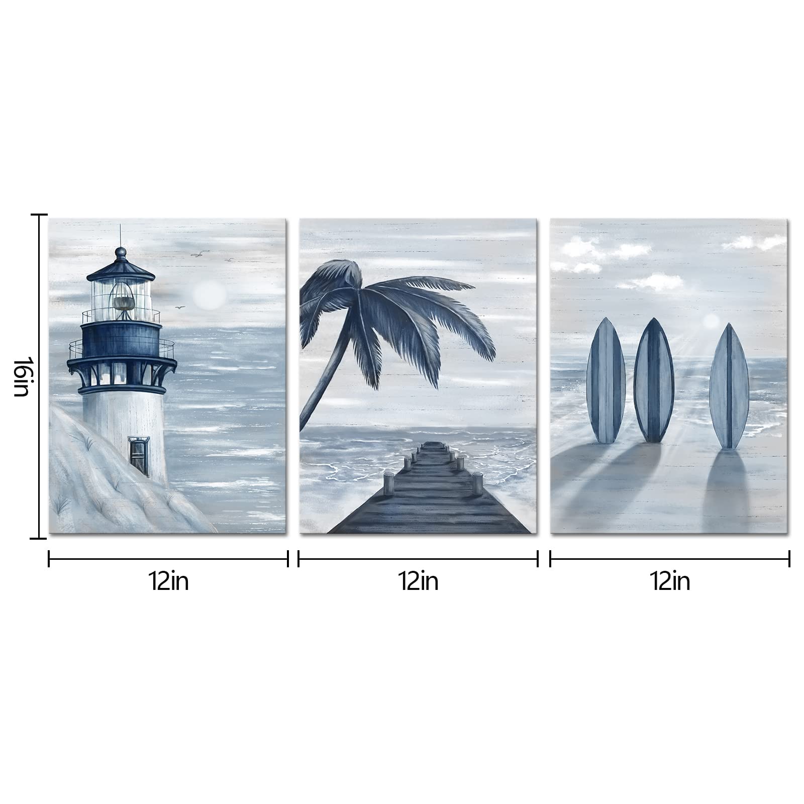 Homeoart Blue Beach Wall Art Prints Ocean Pier Coastal Dock Seascape Lighthouse Painting Nautical Theme Framed Stretched Artwork