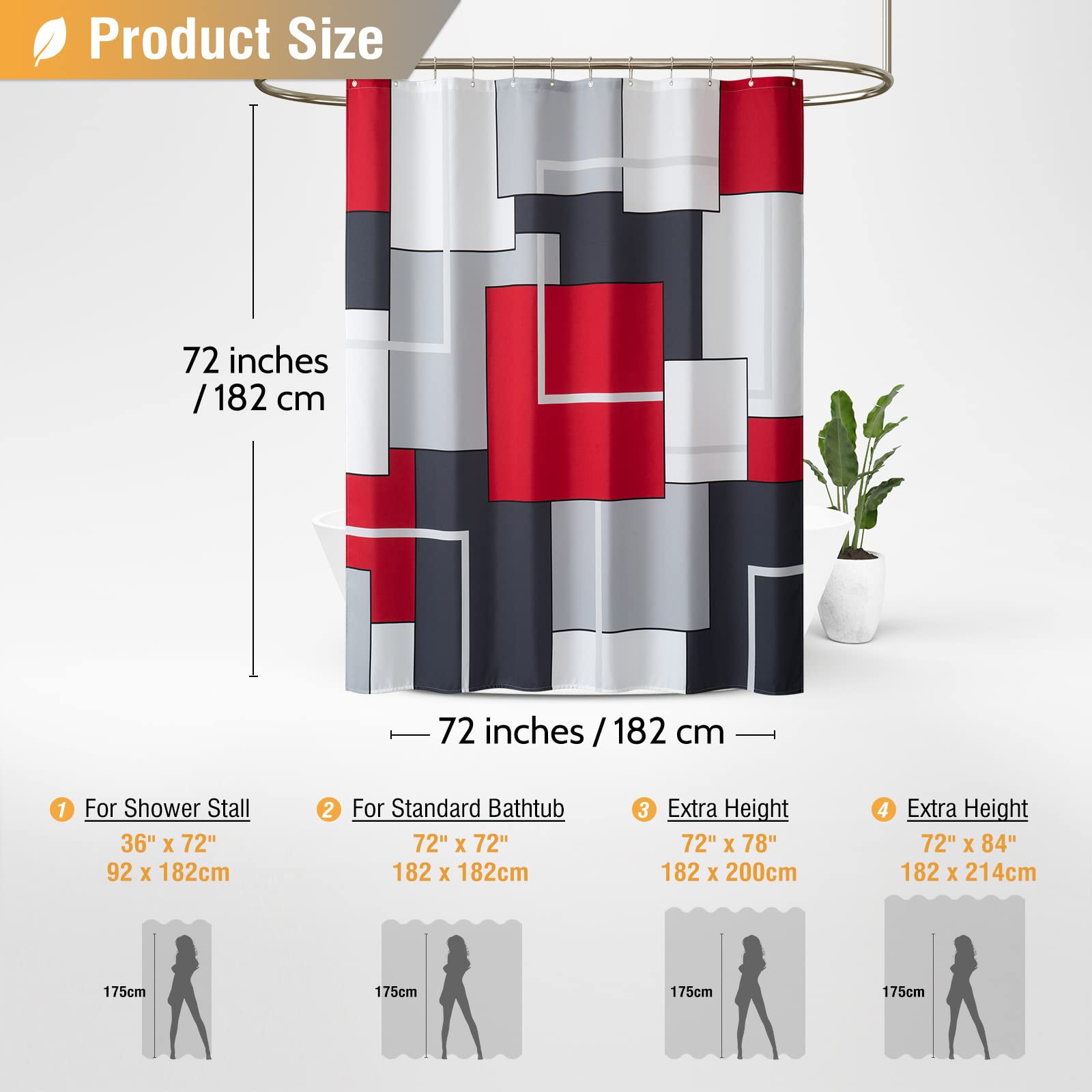 BTTN Red Fabric Shower Curtain  Modern Geometric Cloth Shower Curtain Set with Plastic Hooks  Water Repellent  Weighted Hem  Abstract Decorative Polyester Shower Curtains for Bathroom  72 x 72