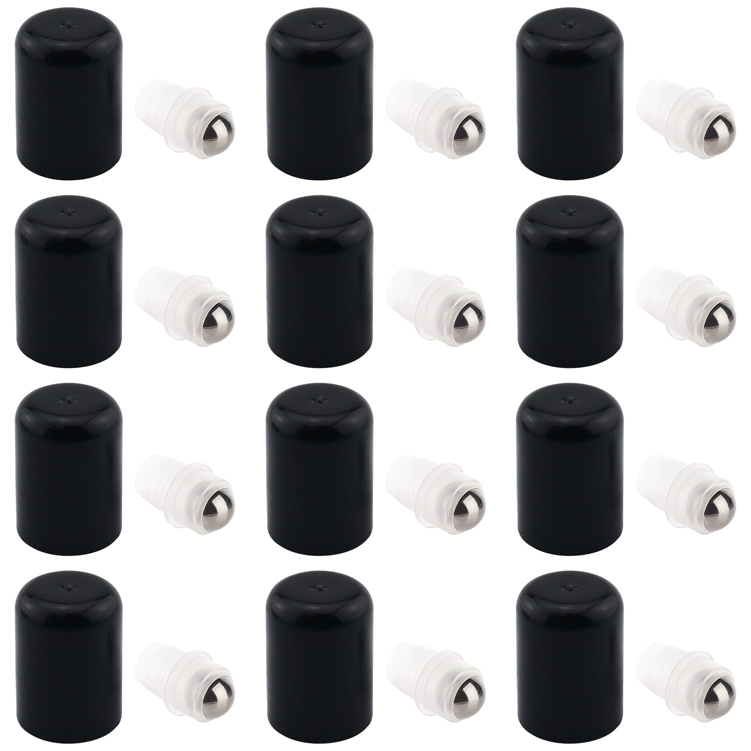 BLLNDX 12Sets Essential Oil Roller Ball Set Stainless Steel Roller Balls With Black Bottle Caps Suitable For 515ml Cosmetic Per