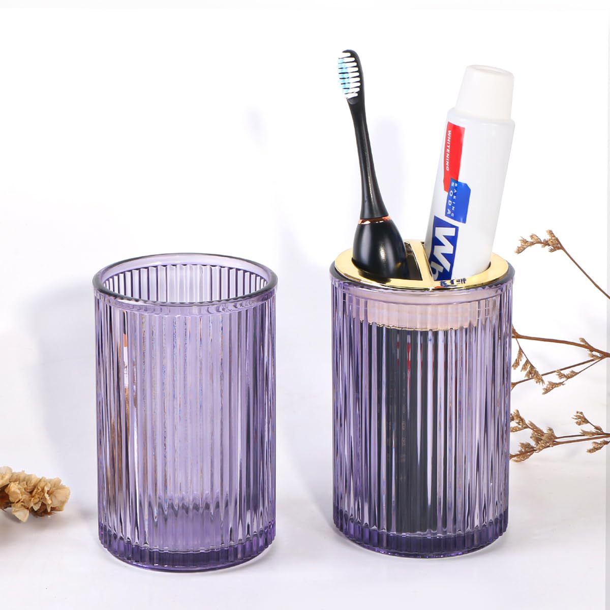Tonxus Toothbrush Holders for Bathrooms, Purple Glass Toothbrush Holder and Bathroom Tumbler Cup, 12oz Gold Bathroom Storage Cup
