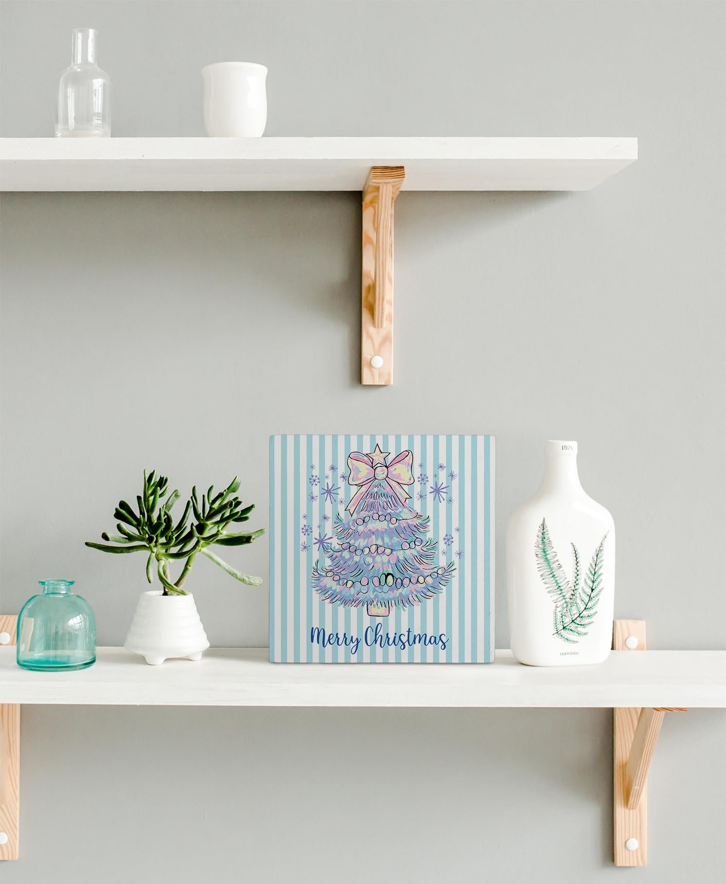 kunlisa Pastel Christmas Tree Wooden Sign, Preppy Christmas Desk Decor, Festive Colorful Xmas Tree Snowflake Striped Wood Box Si