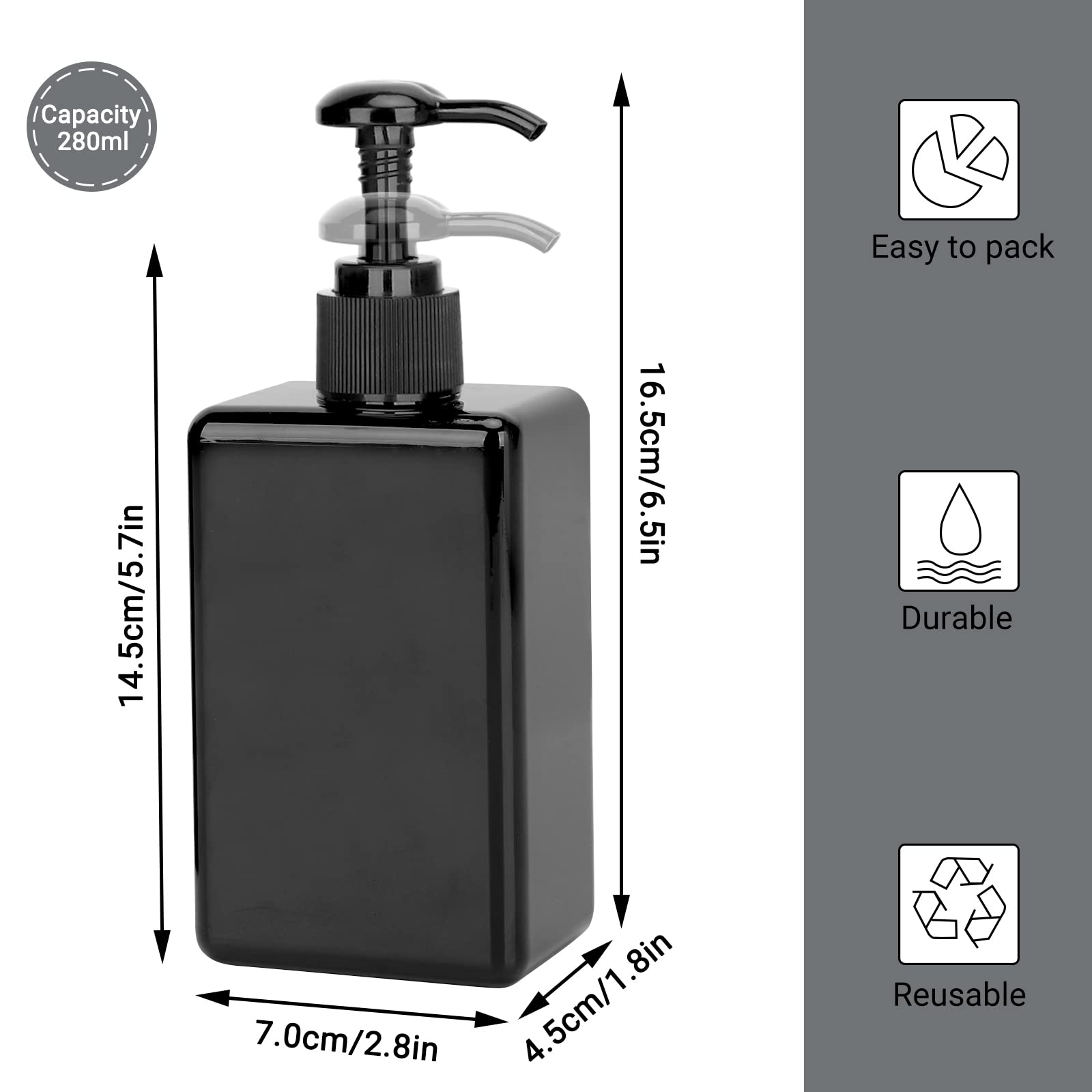 Suream Empty Shampoo Bottles With Pump, 3Pack 9.5Oz/280Ml Refillable Body Wash Dispensers For Shower, Black Plastic Countertop S