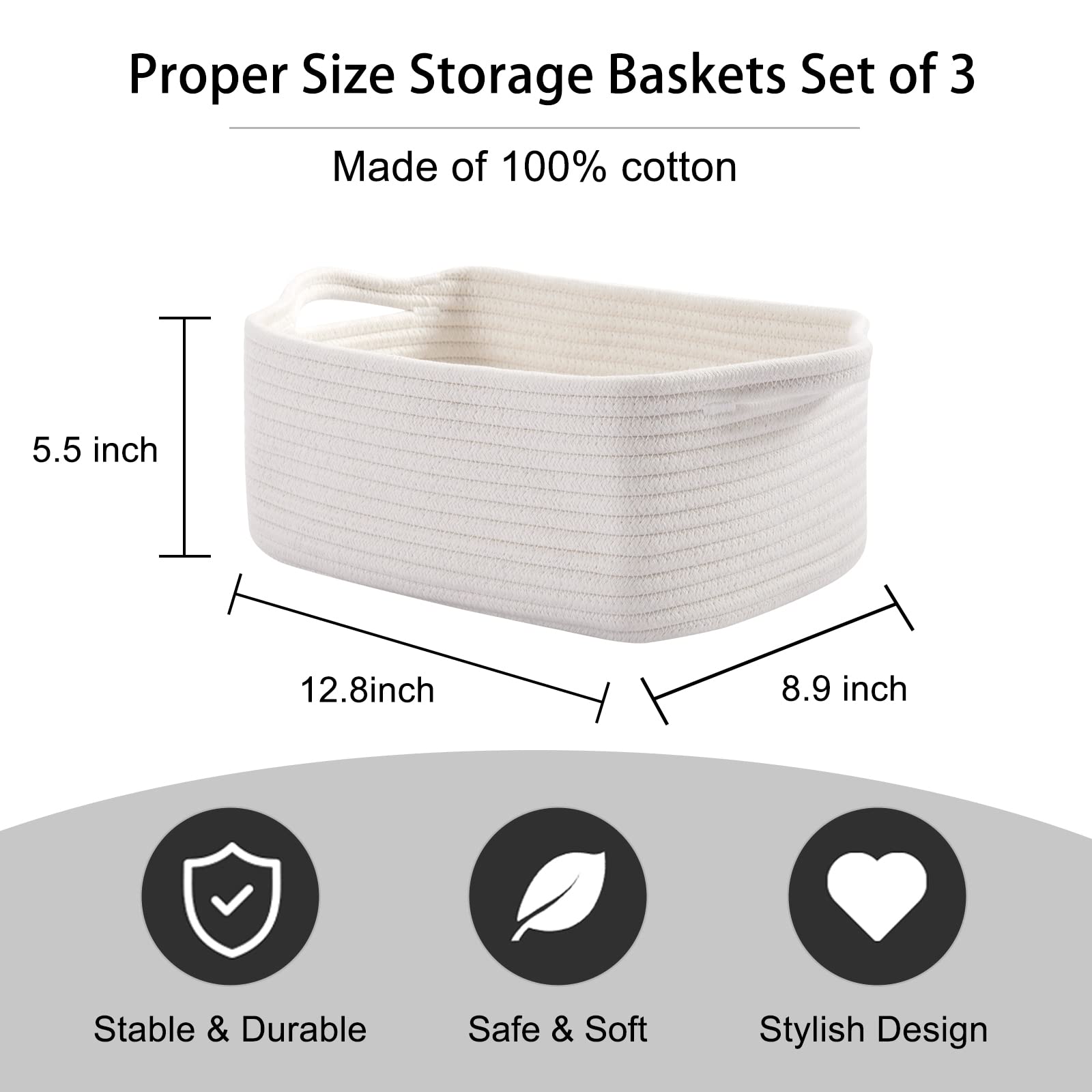 OIAHOMY Cotton Rope Storage Baskets - Set of 3, Pure and White, Decorative Organizing Bins for Closet and Nursery Decor