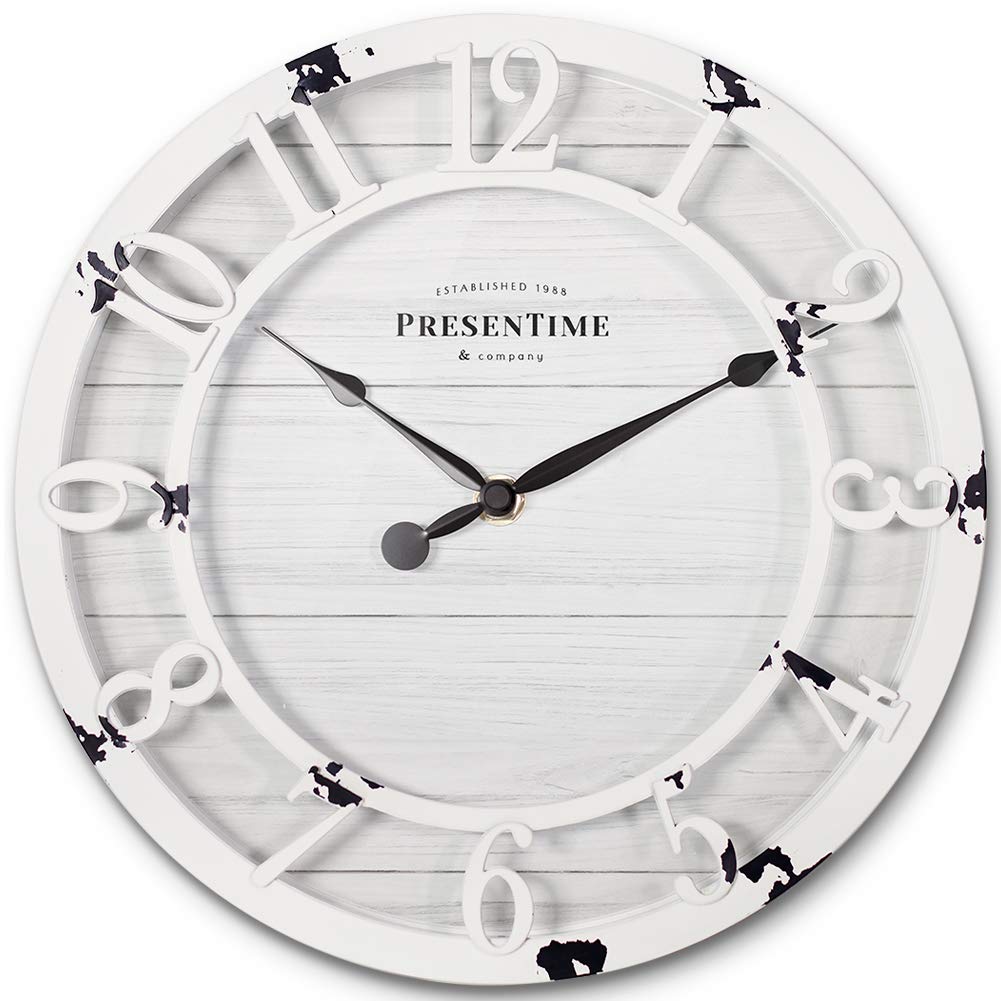 Presentime & Co 10 Farmhouse Series Wall Clock, Shiplap Style, Raised 3D Arabic Numeral, Antique Distressed White
