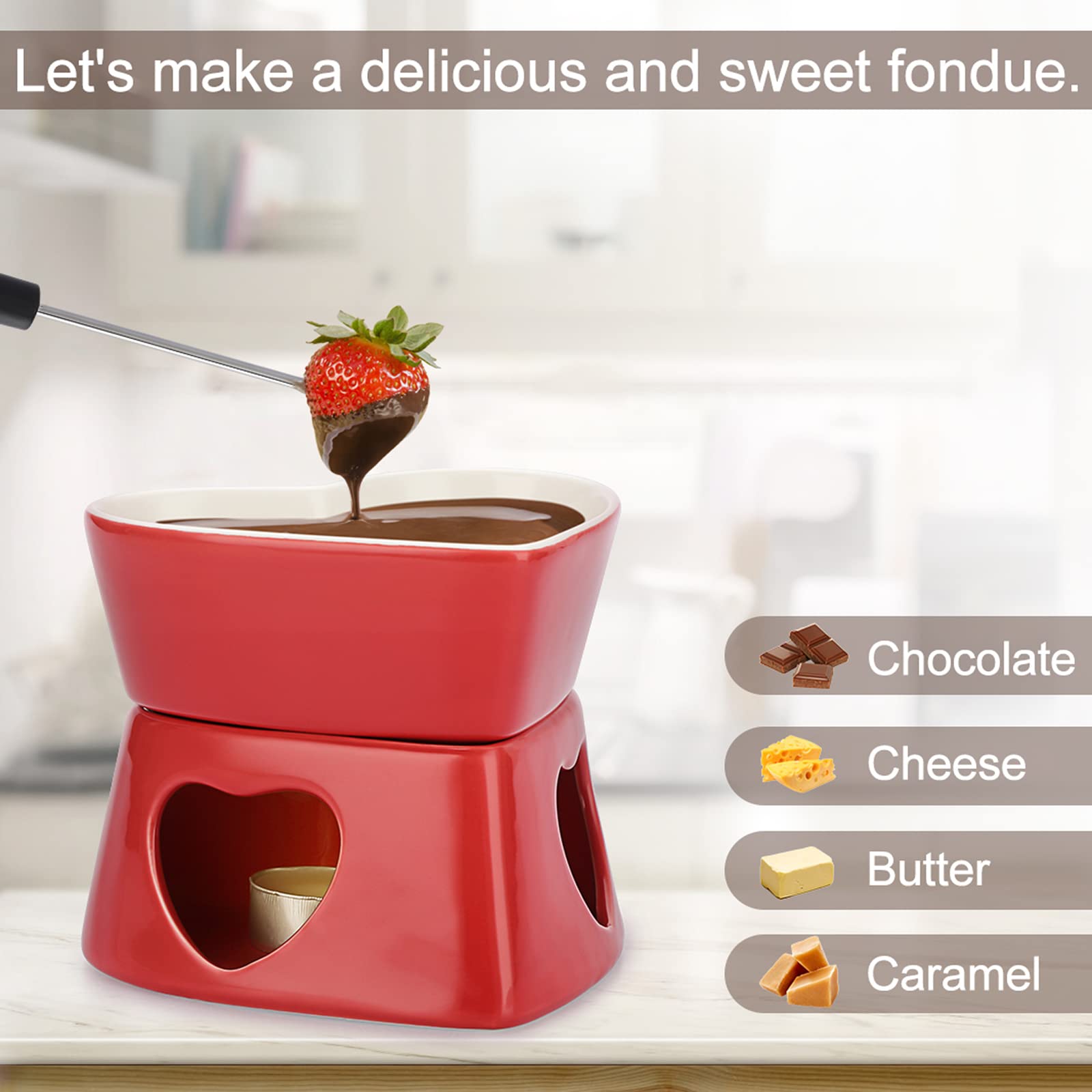 Bstkey Red Ceramic Butter Warmer Set, Heart Shaped Fondue Pot Melting Pot Set, Melt Hot Pot Bowl Set For Cheese Chocolate Butter