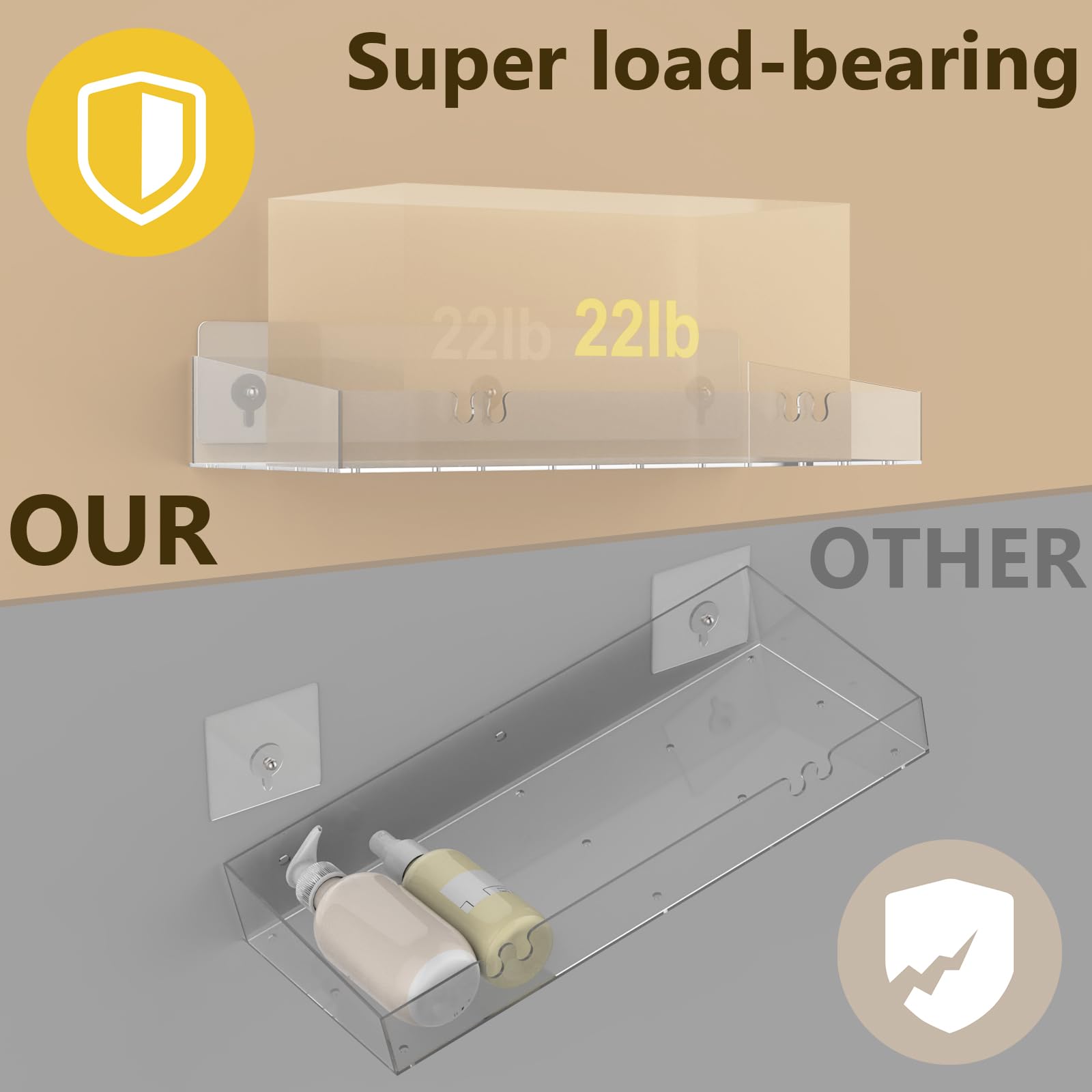 Durmmur Acrylic Shower Caddy With Soap Dish, 3Pack Clear Adhesive Bathroom Shower Shelves Organizer, Transparent Floating Shelf