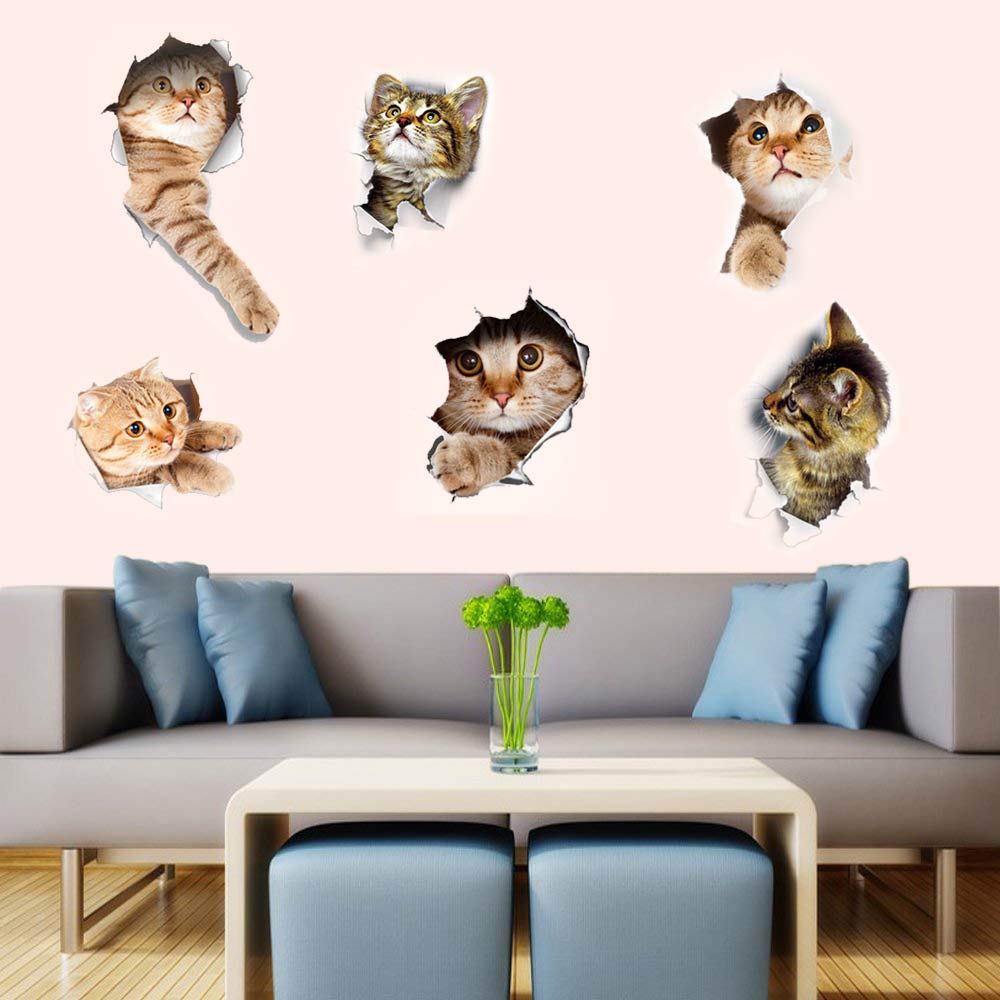 6PCS 3D Wall Stickers Cats Self Adhesive  Kids Wall Decals/Removable Vinyl Art Murals for Living Room Baby Rooms Bedroom Toilet House Wall DIY Decoration