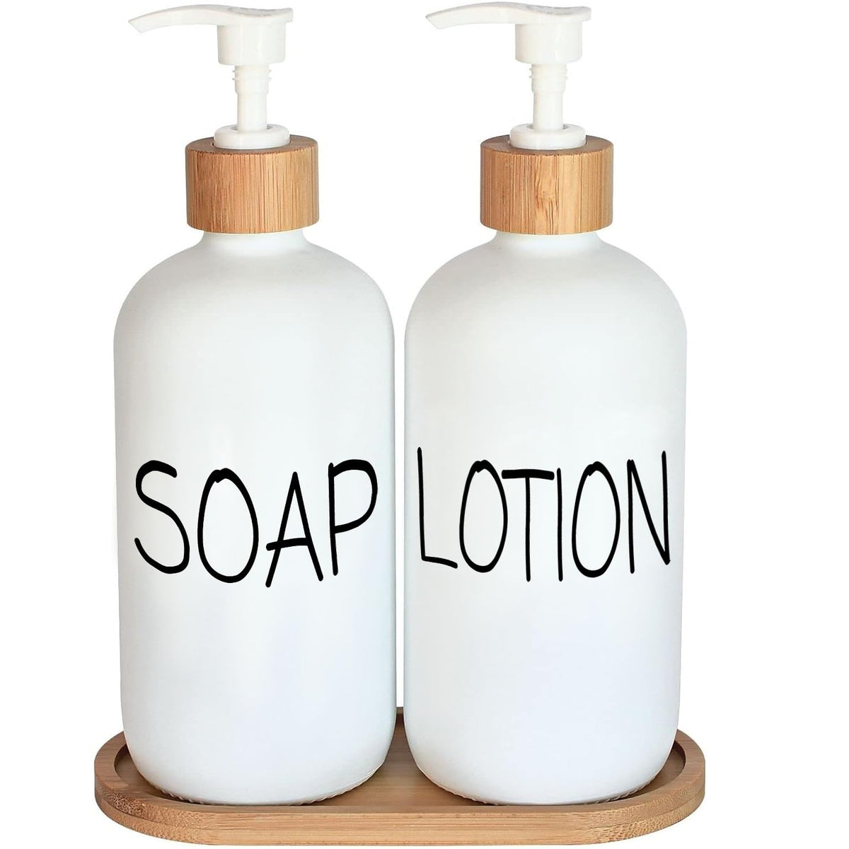 White Soap Dispenser Bathroom Set, Set With Glass Dispenser, Bamboo Pumps & Tray. Hand And Lotion Suitable For Farmhouse Decor