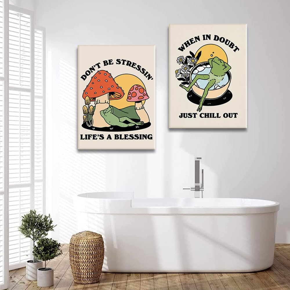 Framed Retro Meditating Frog Wall Art Carefree Frog Prints Vintage Frog Mushroom Picture Trendy 70S Aesthetic Poster Quote Wall