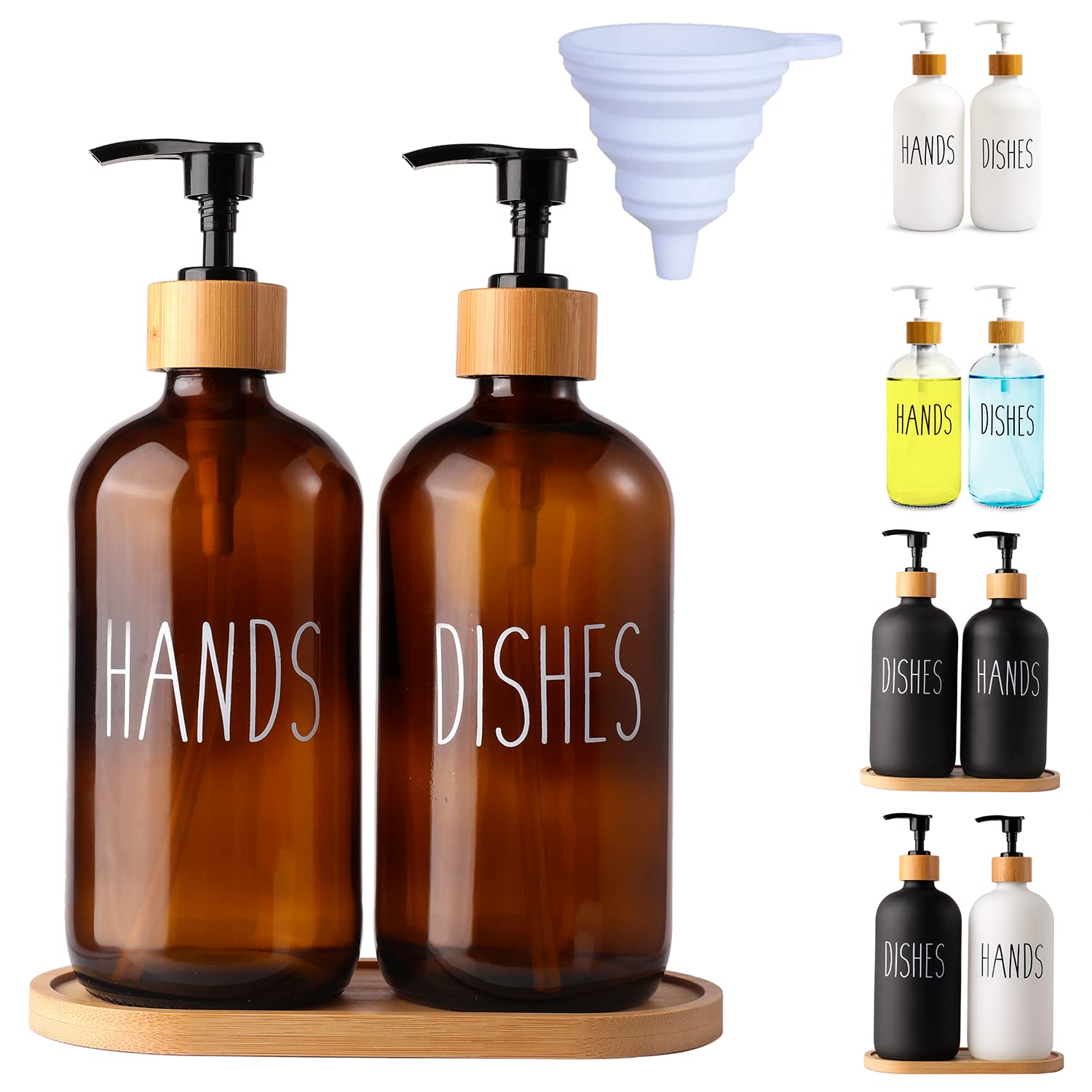 Loochica Amber Glass Soap Dispenser Set With Tray, Amber Dish And Hand Soap Dispenser Set, Refillable Reusable Apothecary Soap P