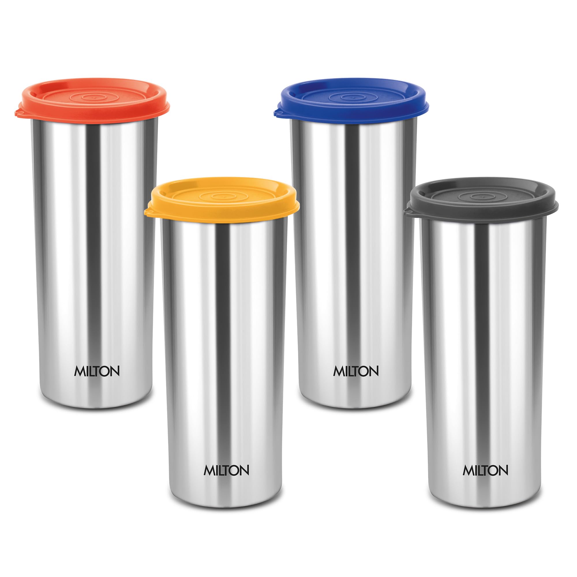 Milton Stainless Steel Tumbler With Lid Set Of 4, 530 Ml Each, Assorted (Lid Color May Vary) | Office | Gym | Yoga | Home | Kitc