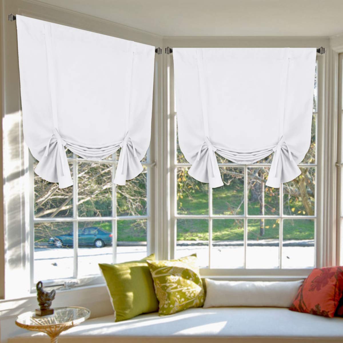 H.VERSAILTEX Pure White Curtains Thermal Insulated Tie Up Window Shade Light Reducing Curtains for Kitchen, Rod Pocket 2 Panels 