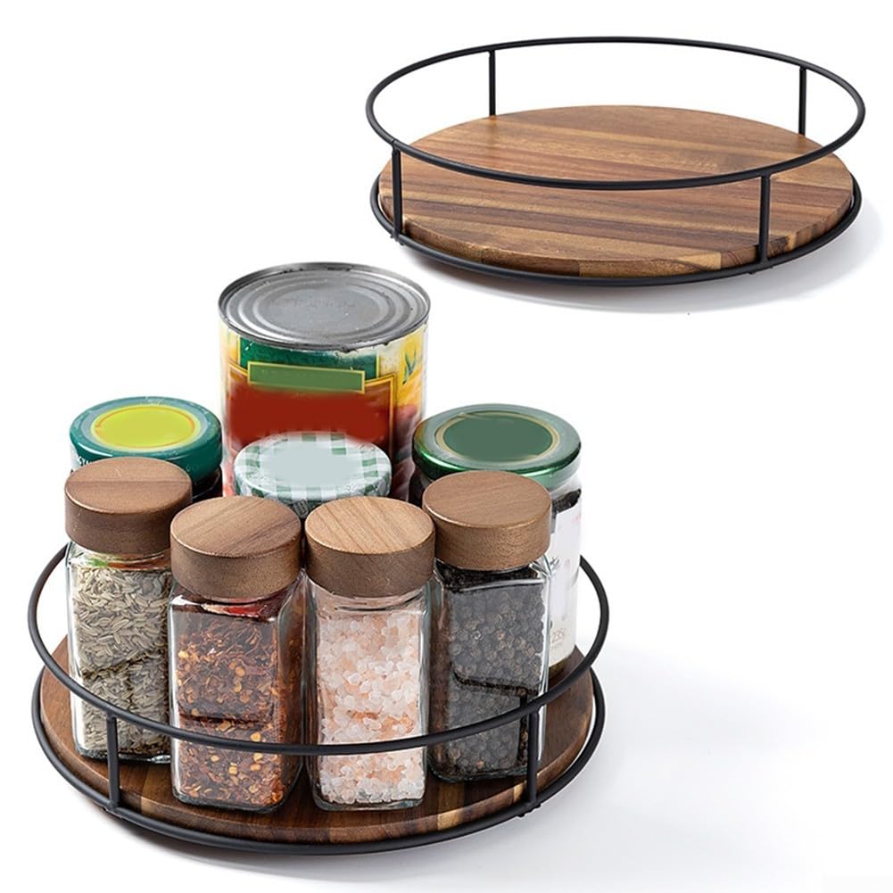 8.9 Lazy Susan Organizer Spice Rack, Wooden Seasoning Bottle Turntable Organizer For Table Top Pantry Kitchen Cabinet, Space S