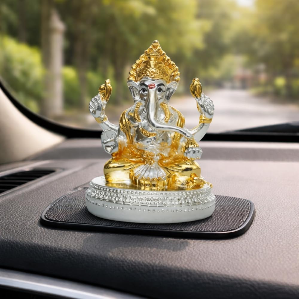 Aarya24Kt Two-Tone Gold & Silver Plating Round Base Ganesha | Dol For Home, Office,Car Dashboard & Gifting |Symbol Of Success & 