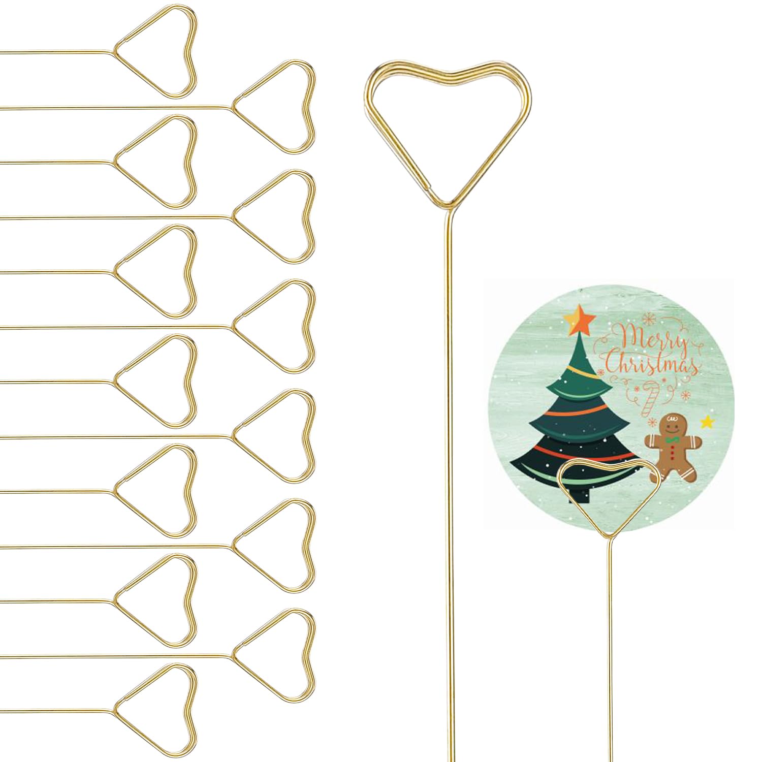 Syeycw 50 Pcs Florist Card Holder Sticks, Flower Card Holder Stick, Heart Shape Flower Card Holders, Gold Metal Card Picture Hol