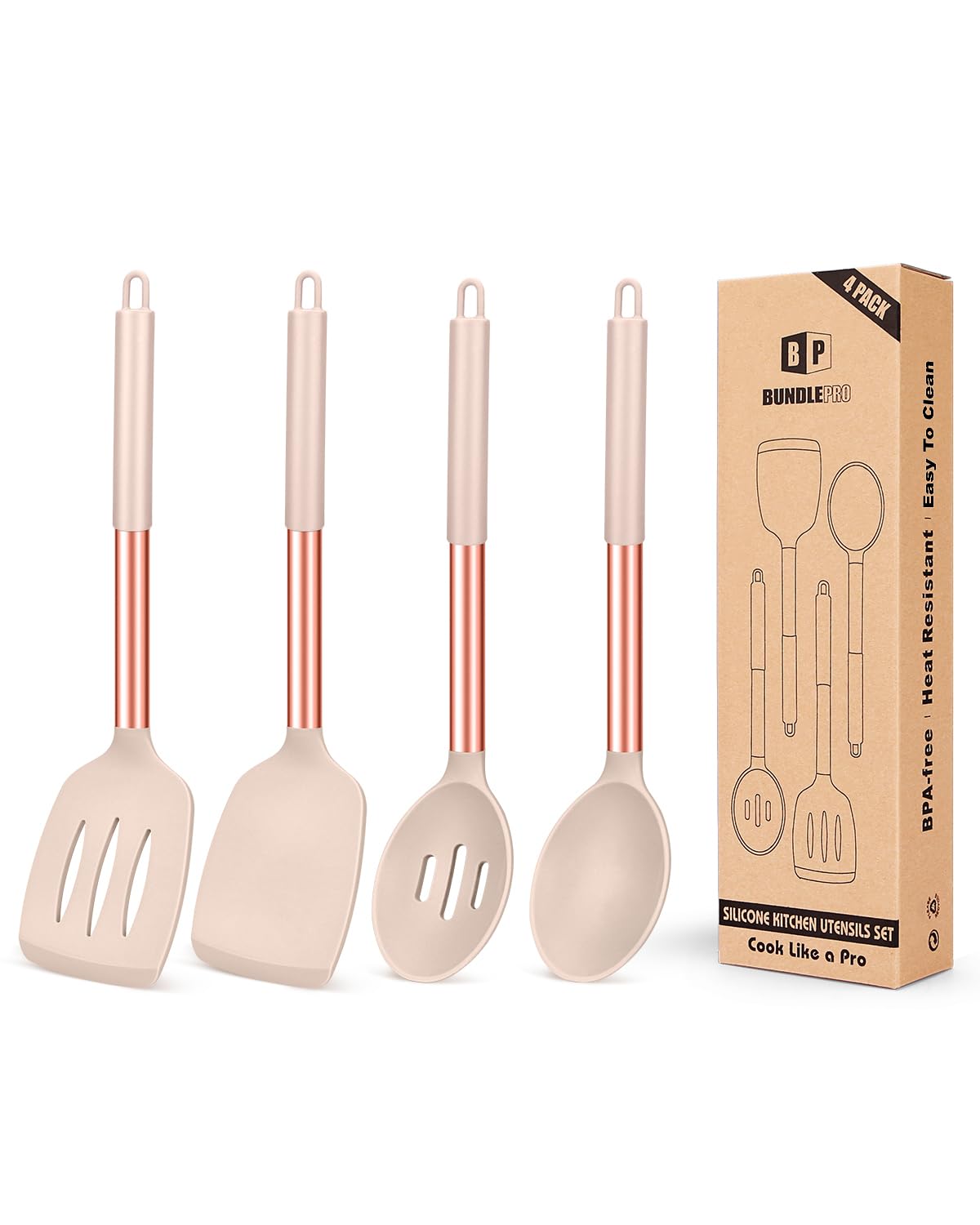 Pack of 4 Silicone Cooking Utensils Set  Non Stick Large Solid Spatulas  Heat Resistant Rose Gold Khaki Slotted Spoons  Ideal BPA Free Kitchen Turners for Frying  Mixing Serving Draining Turning