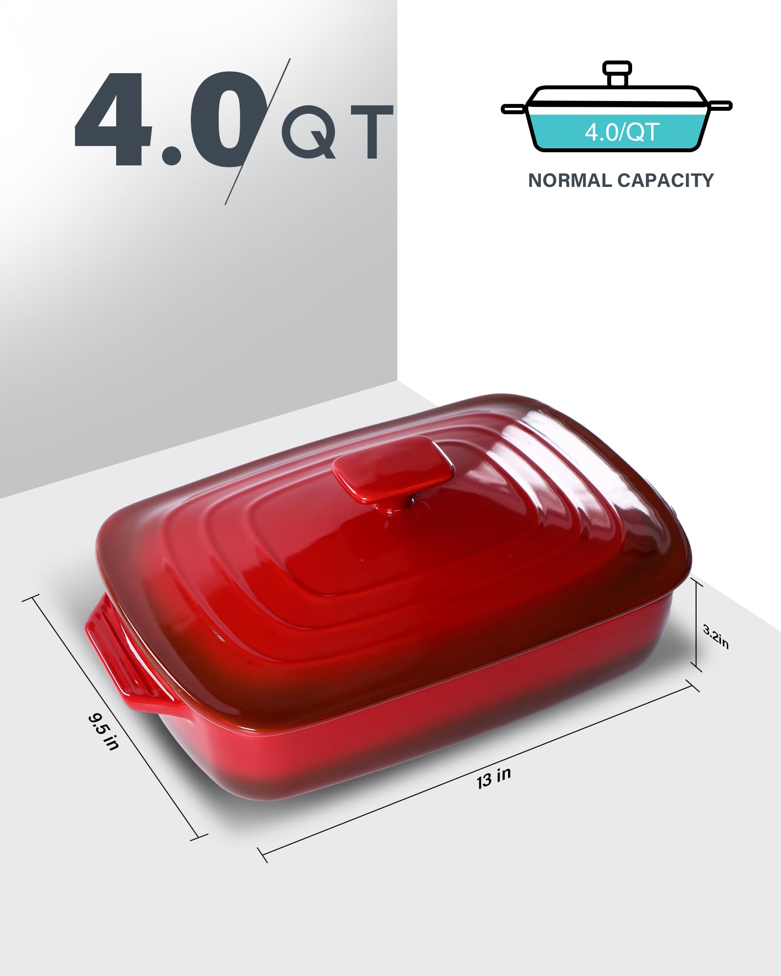 Lareina Large Ceramic Casserole Dish With Lid, 4.0 Quart Covered Rectangular Stoneware Baking Dishes For Oven, Deep 9X13 Inch La