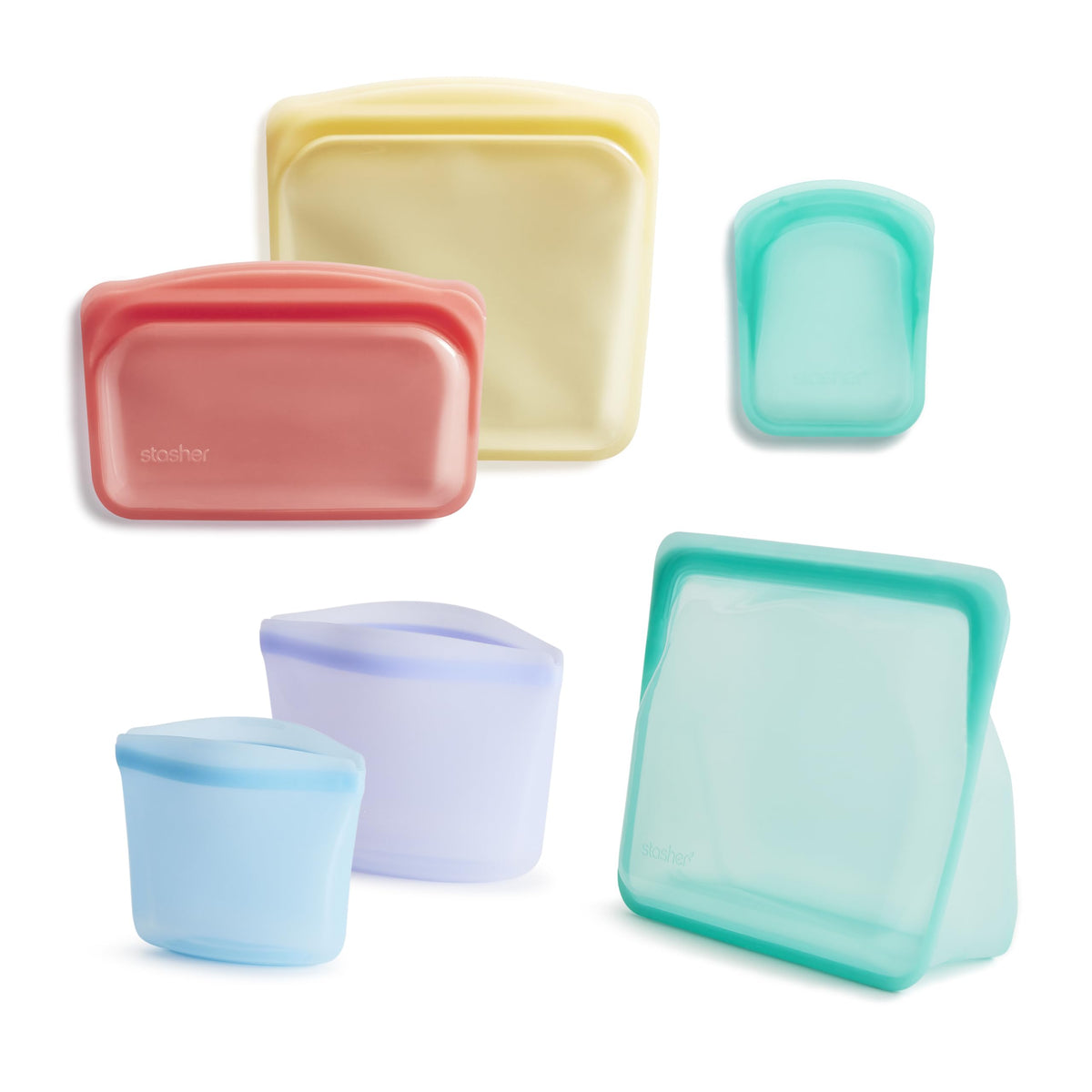 Stasher Premium Silicone Reusable Food Storage Bags, 6-Pack, Rainbow | Multi-Use Food Storage Bags, Lunch Bag, Travel Containers