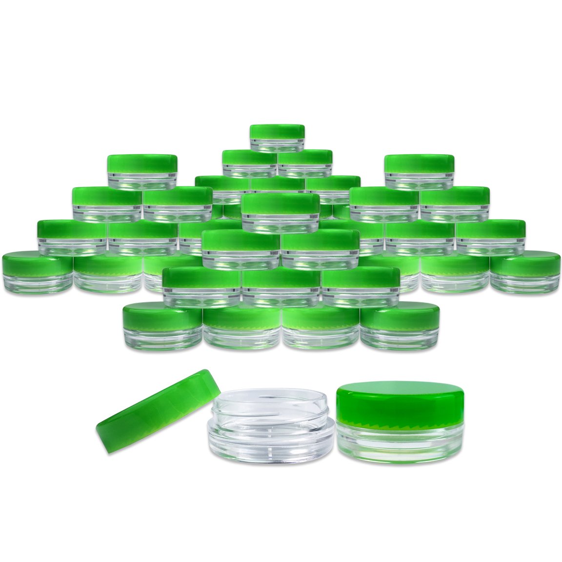 Beauticom (200 Pieces Jars + Lid) 3G/3Ml Round Clear Jars With Green Screw Cap Lids For Scrubs, Oils, Toner, Salves, Creams, Lot
