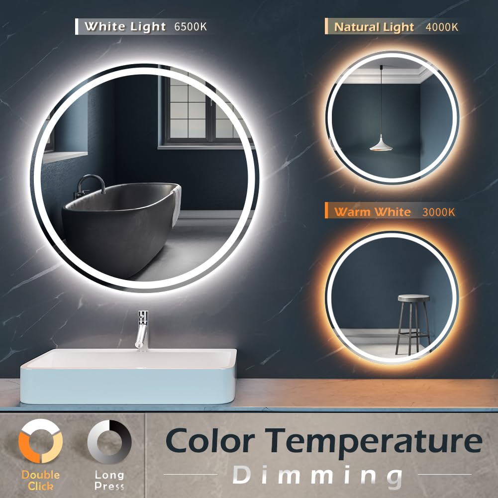 KWW 28 Inch Large Modern LED Round Bathroom Vanity Mirror  Color Temperature Adjustable  Anti-Fog Dimmable Lights  Easy to Install  Wall Mounted Makeup Mirror with Smart Touch Button