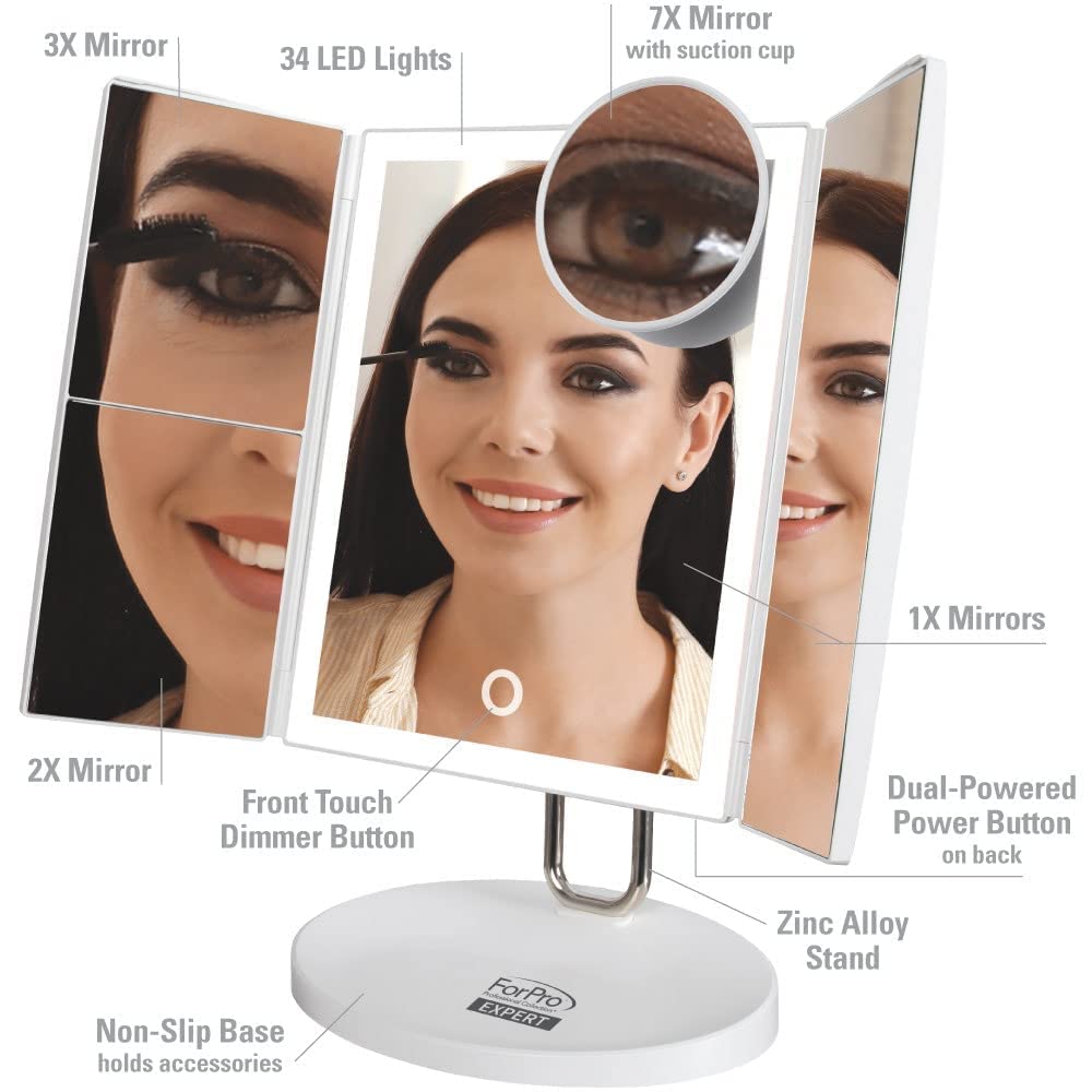 ForPro Professional Collection Expert Rechargeable LED Tri-Panel Makeup, Dual-Powered, Vanity Mirror with 34 LED Lights, 1X/2X/3