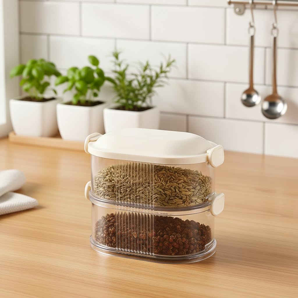 Decortwist Plastic Airtight Containers For Condiments | 2-Layer Storage Box Spice Containers For Kitchen | Leak Proof Condiment 
