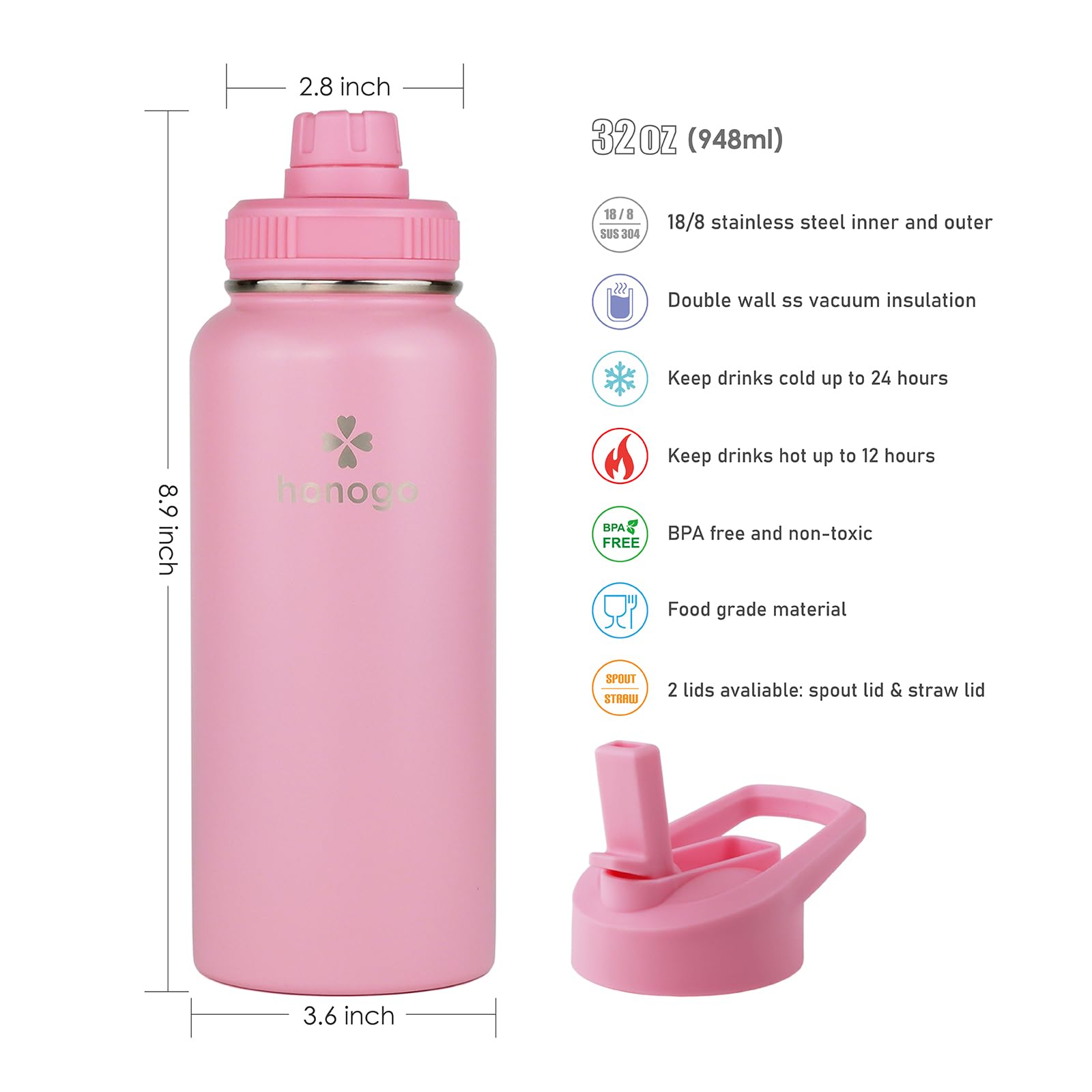 honogo 32 oz Powder Coated Double Wall Vacuum Insulated Sports Water Bottle  18/8 Stainless Steel Wide Mouth Thermos Flask with Straw Lid & Spout Lid  Leak Proof  Sweat Free  BPA Free (Pink  32 oz)