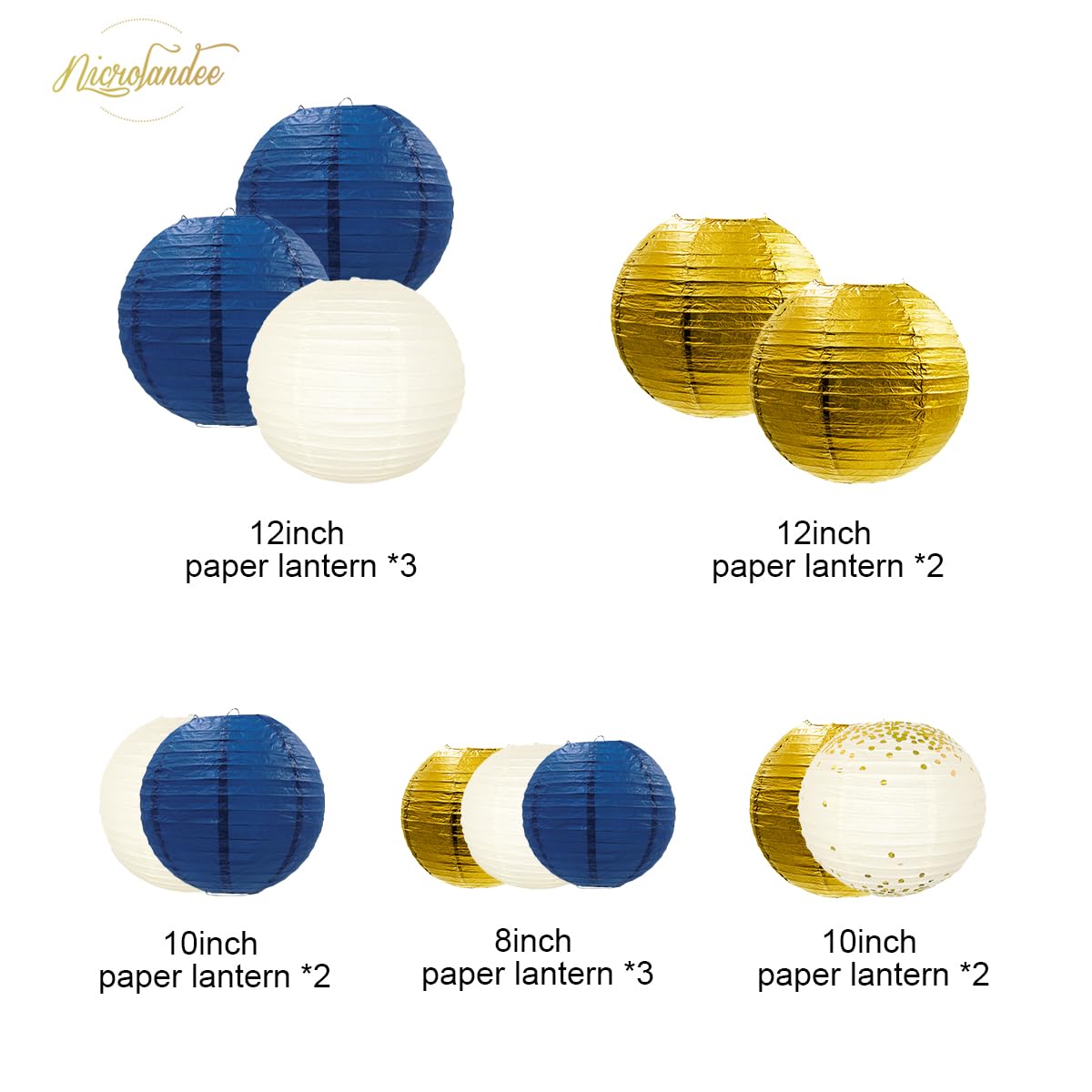 NICROLANDEE Party Decorations - 12PCS Navy Blue Gold Glitter Hanging Paper Lanterns for Graduation Decoration, Birthday, Bridal