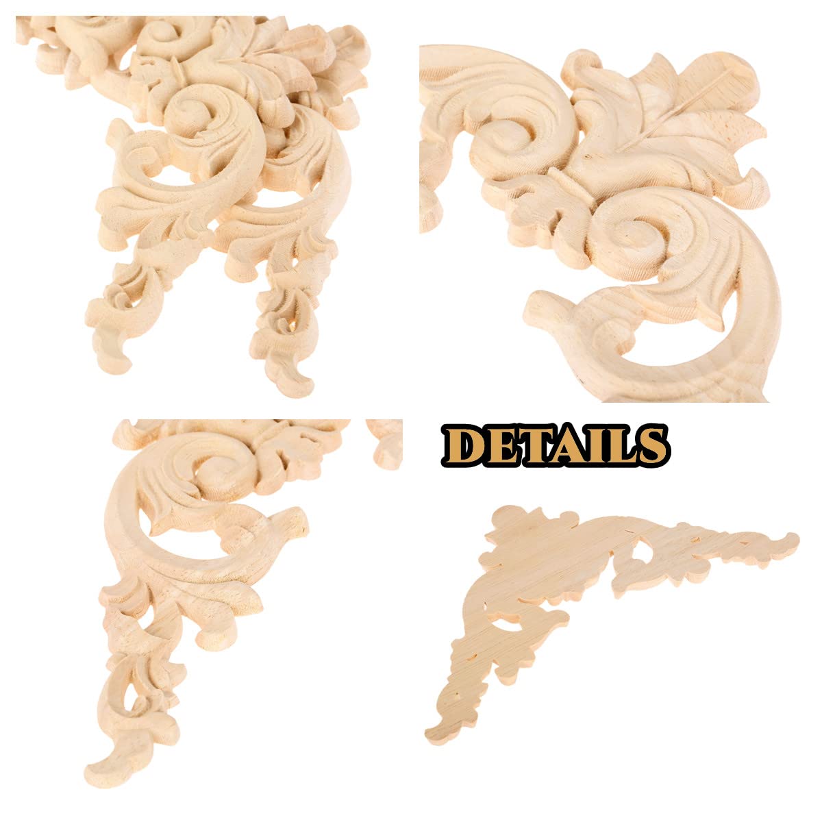 Muxsam 4-Pack Wood Applique Onlay, Unpainted Wooden Carved Corner Decals, Retro Carvings Embellishments For Door Cabinet Bed Wal