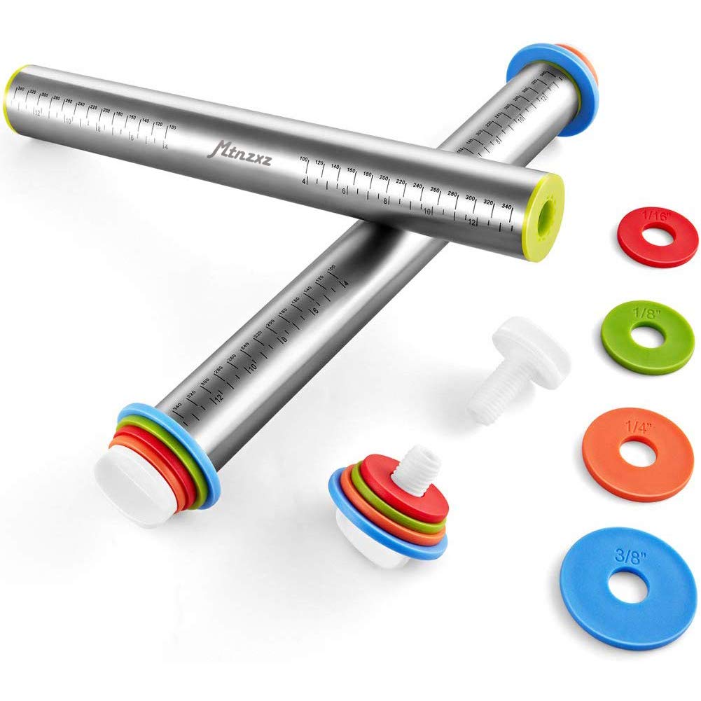 Rolling Pin And Silicone Baking Pastry Mat Set, Stainless Steel Dough Roller With Adjustable Thickness Rings, For Pizza, Pie, Pa