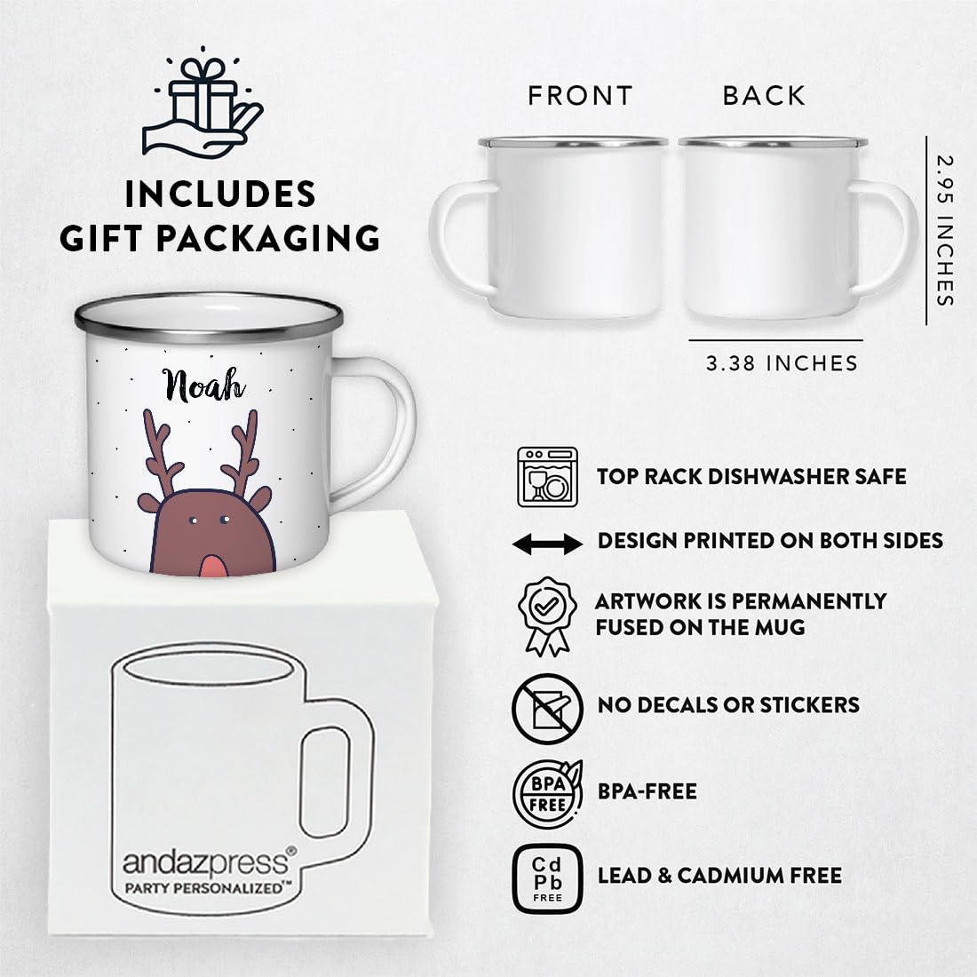 Andaz Press Personalized 11Oz. Christmas Hot Chocolate Stainless Steel Campfire Coffee Mug Gift, Reindeer, 1-Pack, Custom Name E