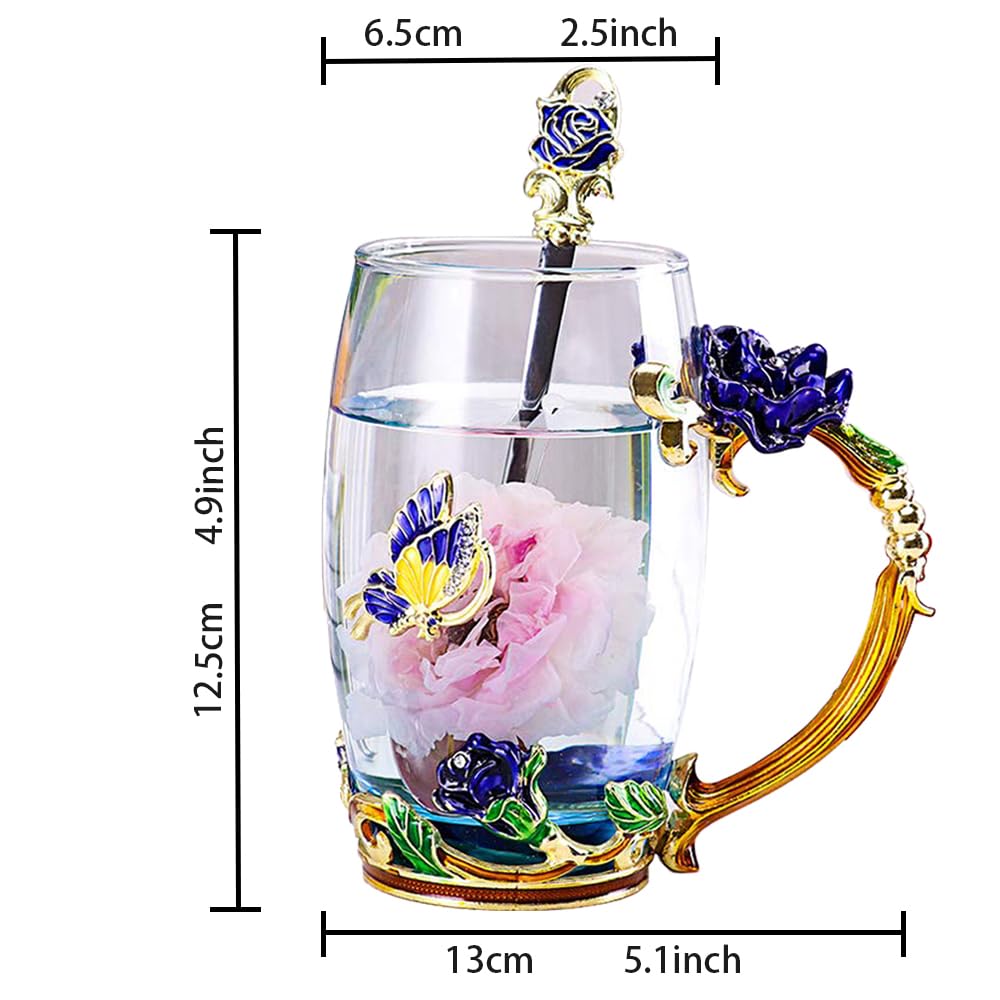 Dasyfly Enamel Glass Tea Cup Blue Rose Coffee Mug,Personalized Gifts For Birthday Mothers Day Anniversary Christmas For Mom,Wome