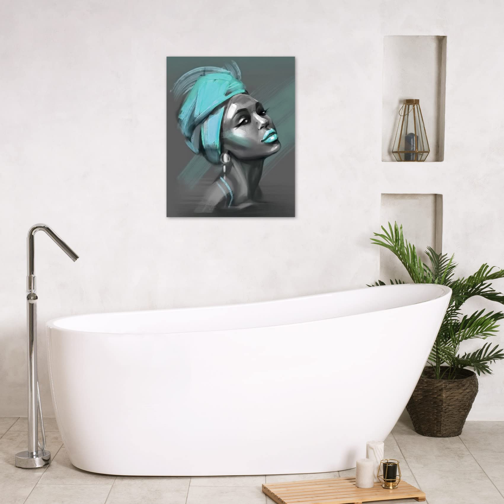 LB African American Women Canvas Wall Art  Beauty Black Woman Teal Hair Canvas Art  Abstract Minimalist Painting Wall Decor for Living Room Bedroom Bathroom Home Decor Ready to Hanging 12x16 Inch