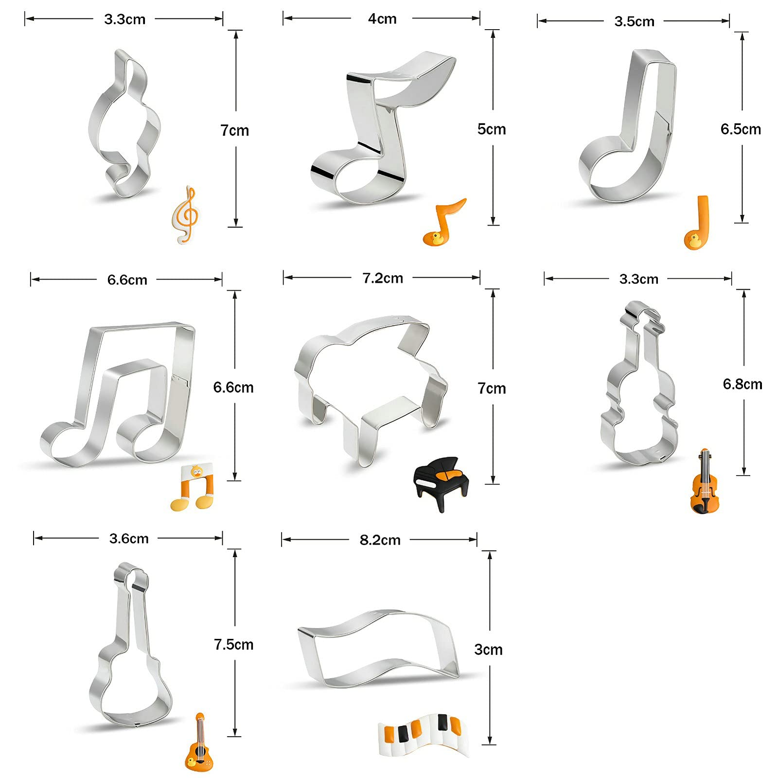 Music Note Cookie Cutter Shapes Set - 8 Pieces Stainless Steel Metal G Clef, Eighth Note, A Quarter Note, Piano, Violin, Guitar,