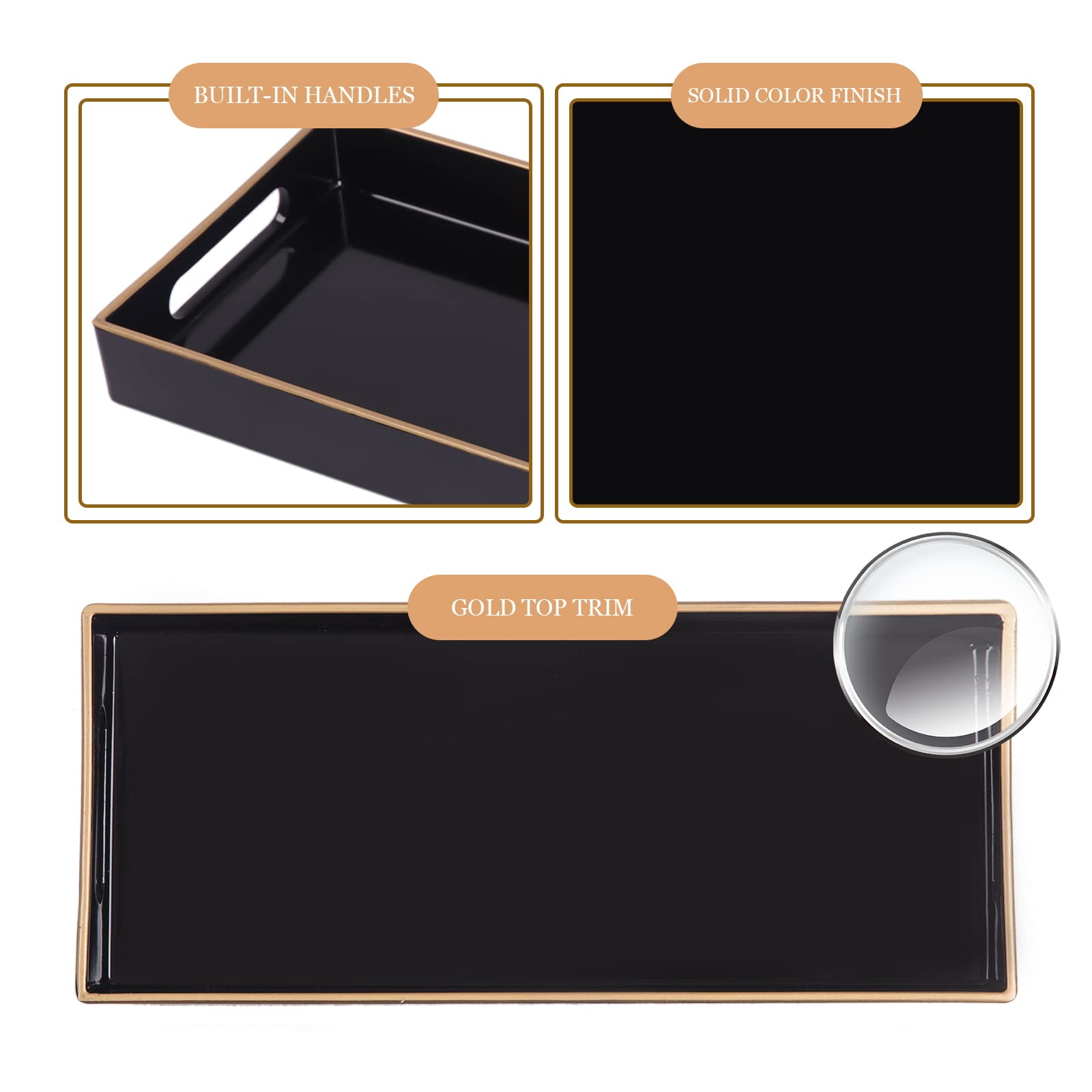 Maoname Black Bathroom Tray, Plastic Vanity Tray, Countertop Tray, Gold Edged Decorative Tray With Handles, Perfume Organizer Fo
