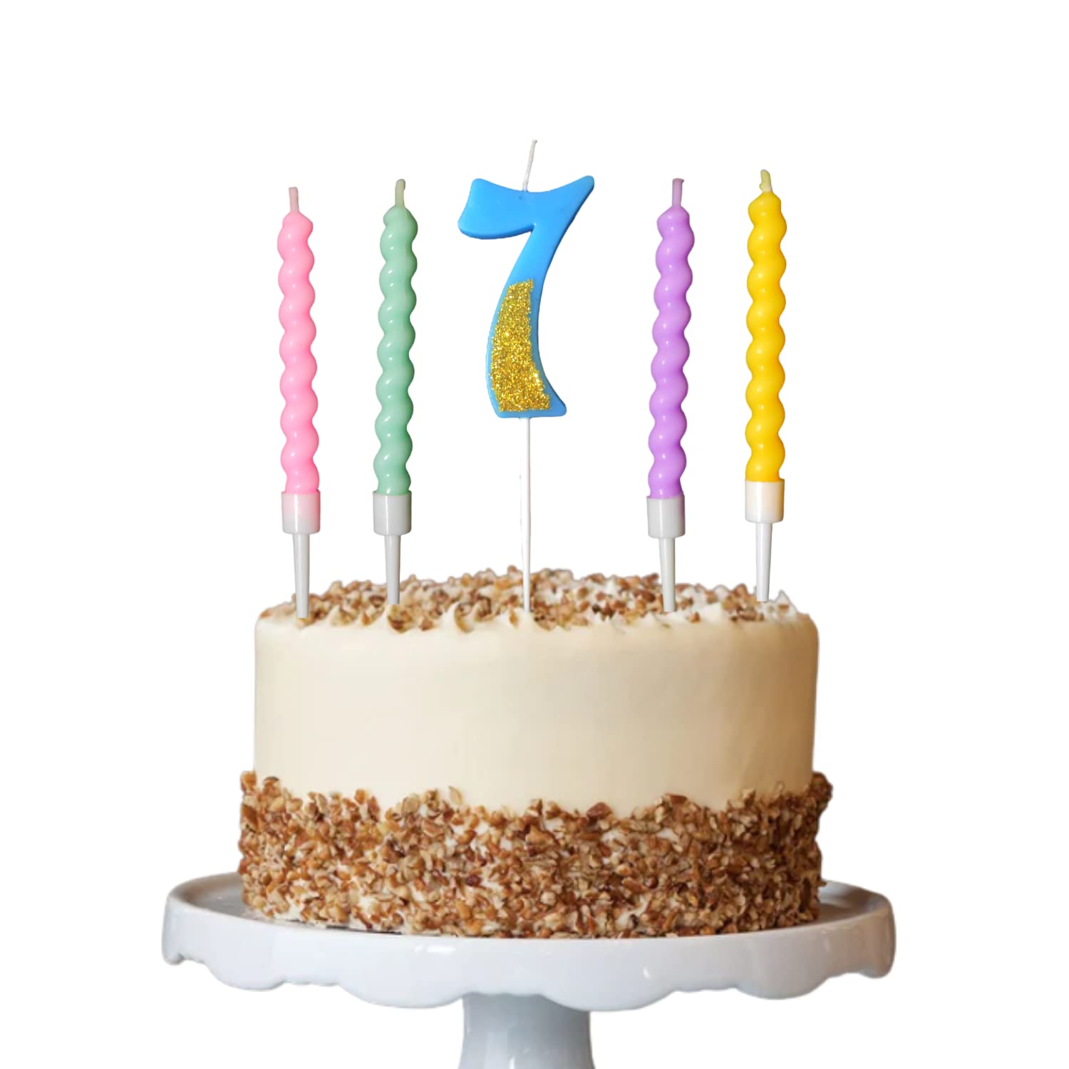 Party Decorz Number 7 Candle | Seven Number Candle | Seven Number Blue Glitter Candle with Pastel Twisted Candle Set of 5pcs for