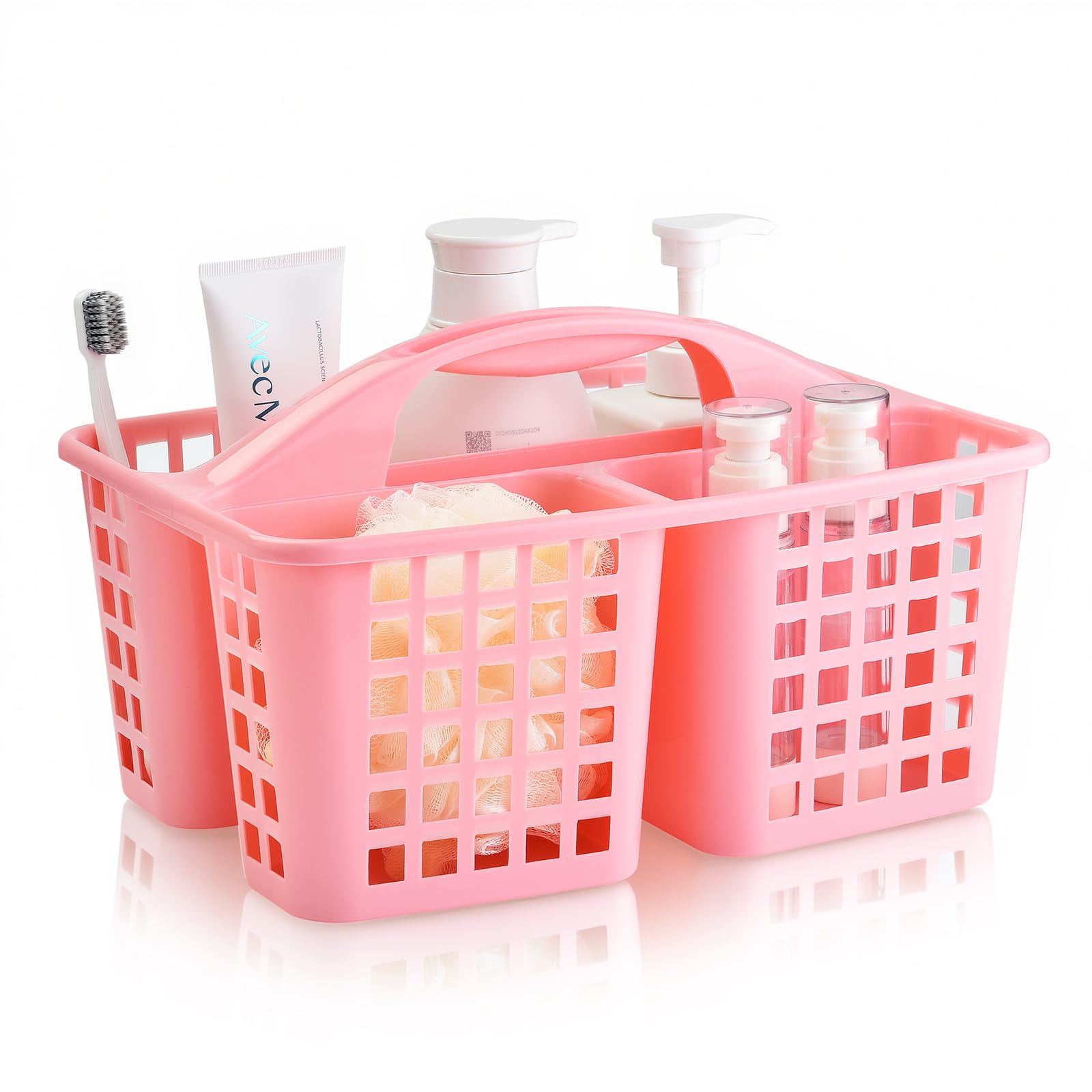 Haundry Plastic Shower Caddy Basket with 3 Compartments, Portable Divided Cleaning Supply Storage Organizer with Handle (Pink)